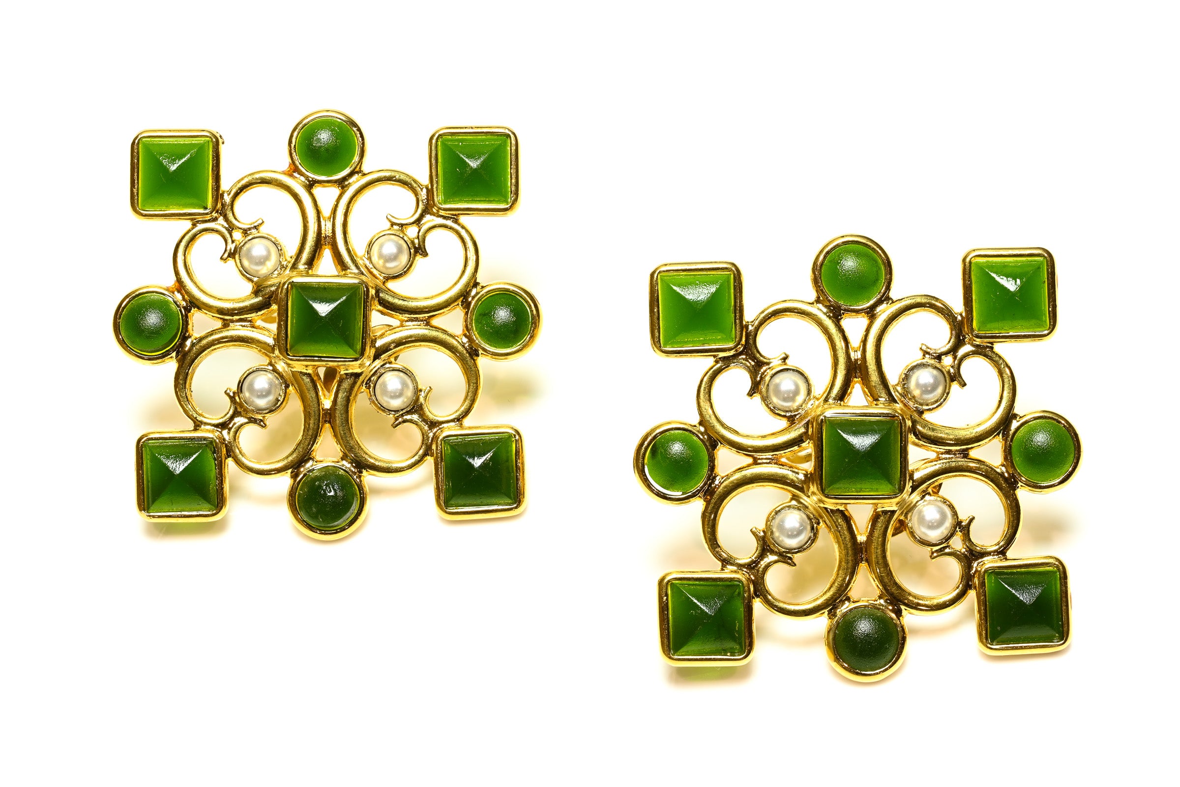 Vintage Jacques Fath Paris Green Cabochon Large Earrings 2