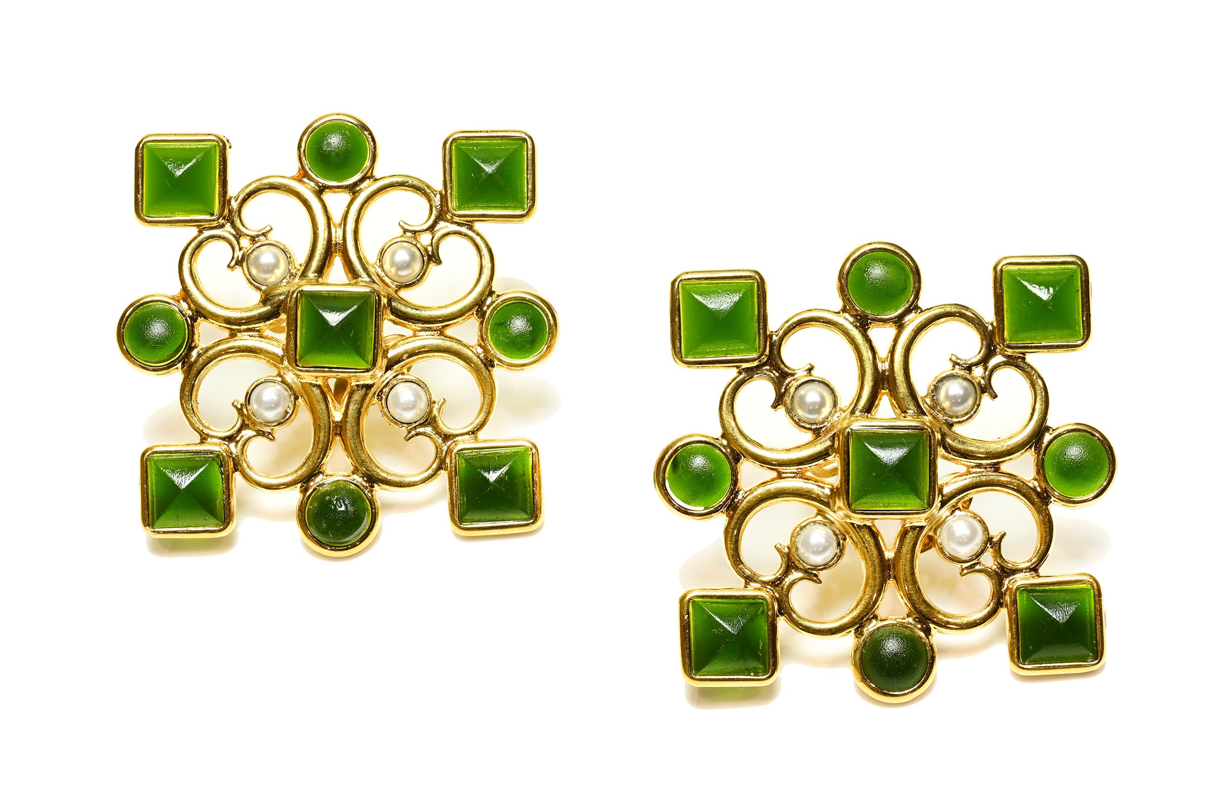 Vintage Jacques Fath Paris Green Cabochon Large Earrings