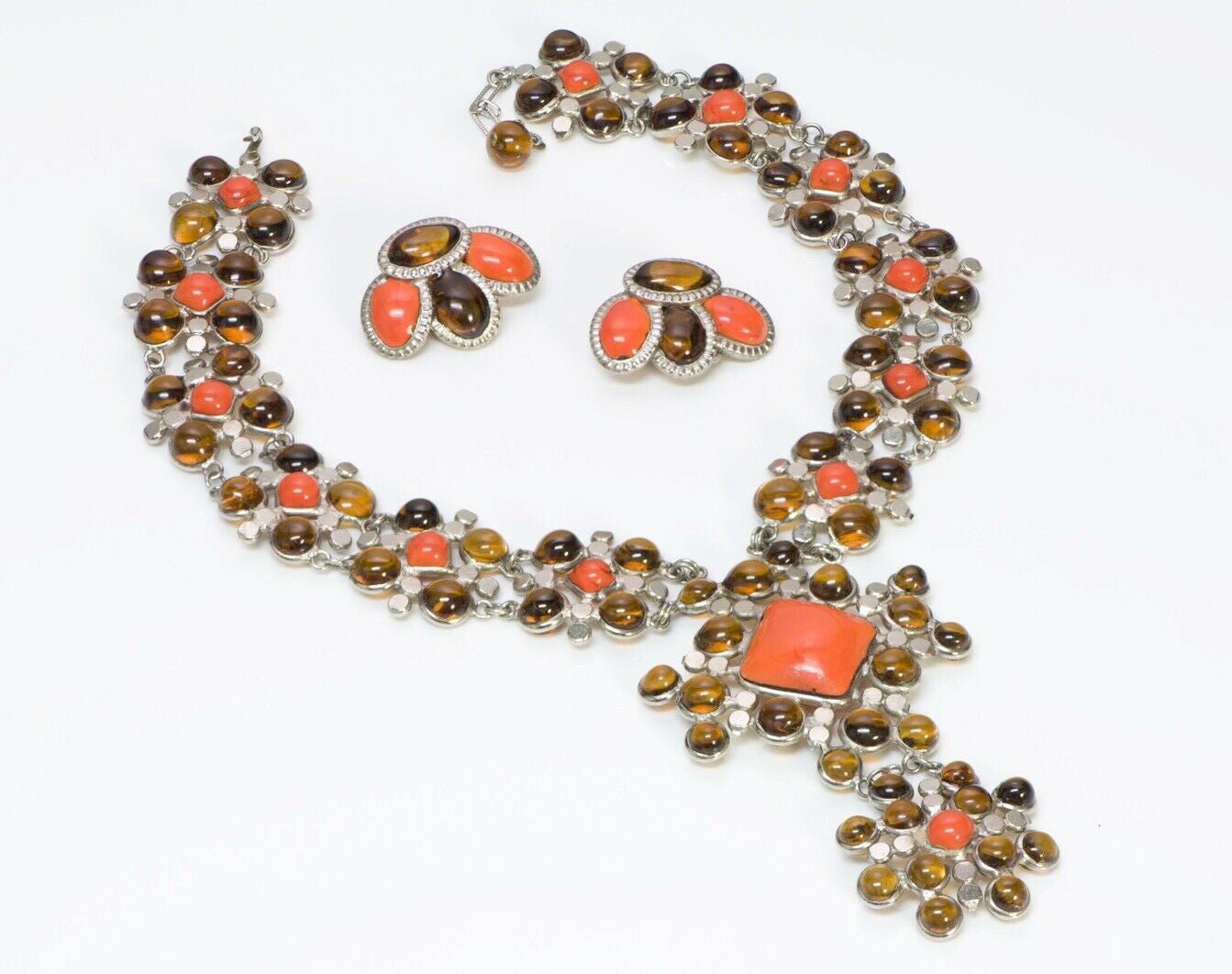 Jean Patou Christian Lacroix Gripoix 1980’s Orange Glass Necklace Earrings Set