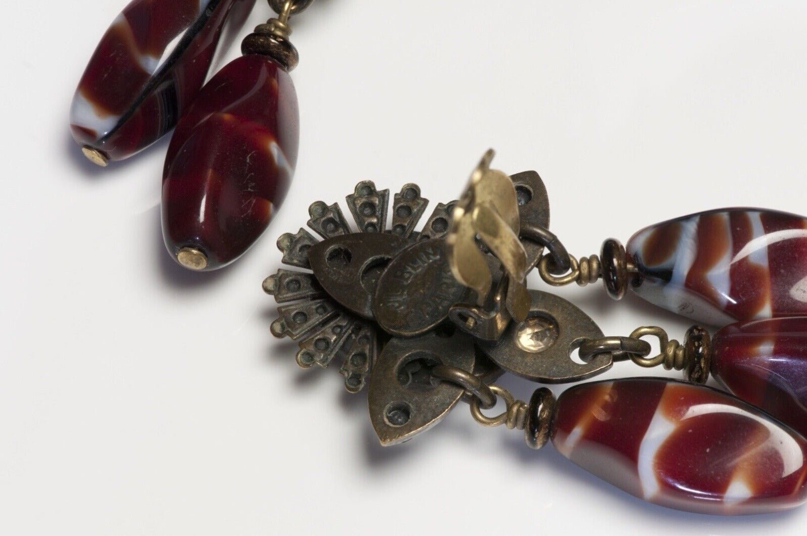 JL Blin Paris Burgundy Black Glass Beads Crystal Tassel Earrings