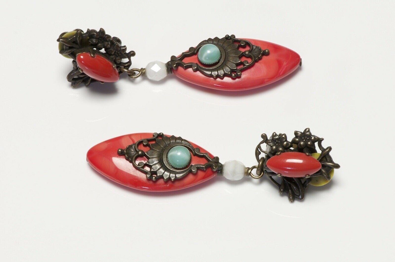 JL Blin Paris Orange Green Cabochon Glass Drop Earrings