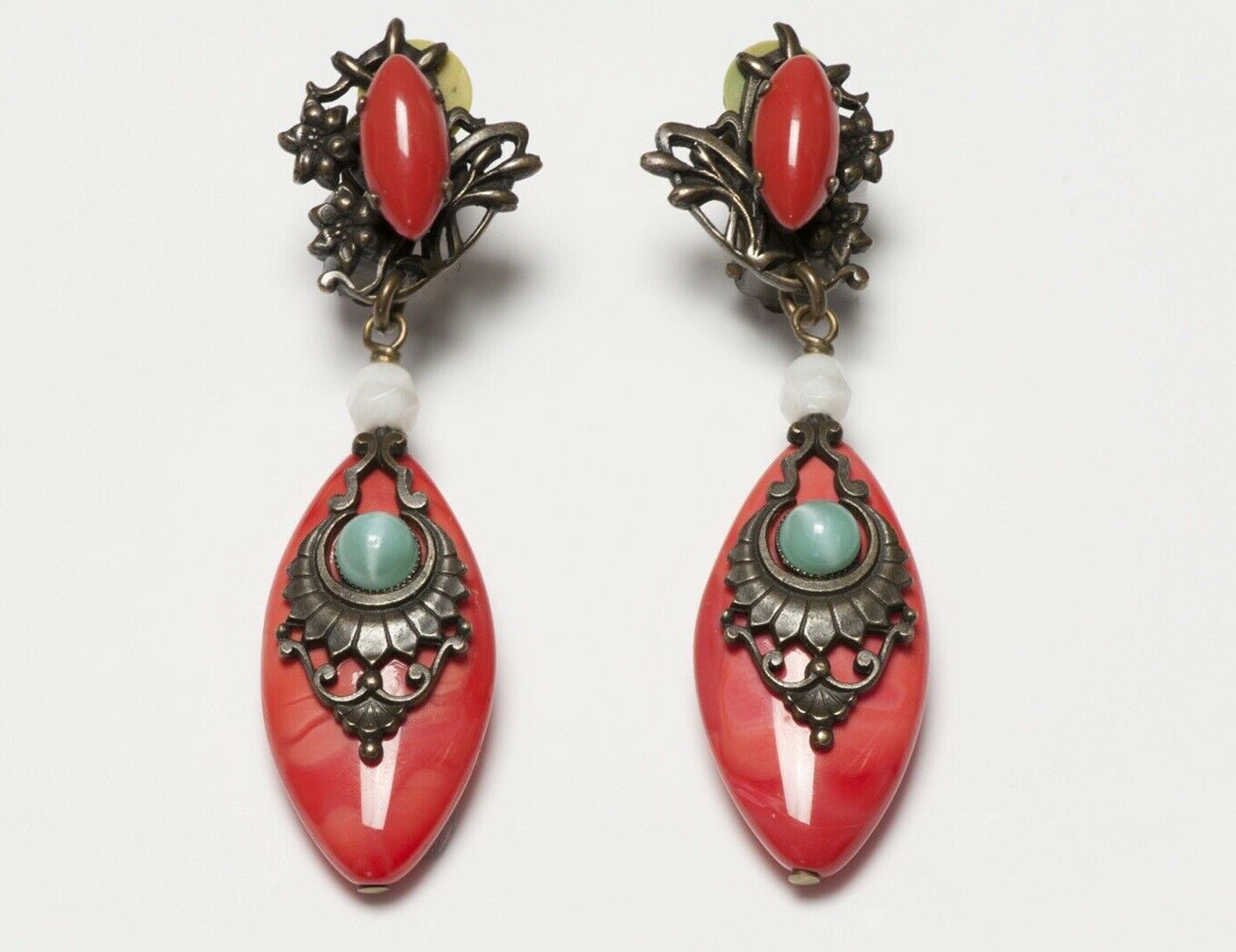 JL Blin Paris Orange Green Cabochon Glass Drop Earrings