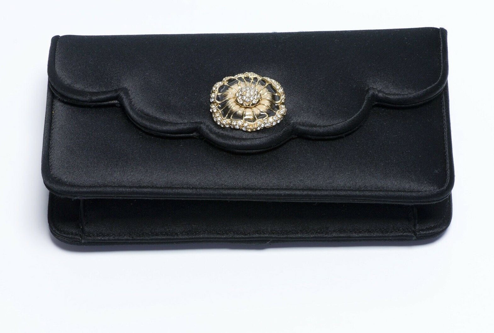 Judith Leiber Black Satin Camellia Flower Enamel Crystal Mini Clutch Bag