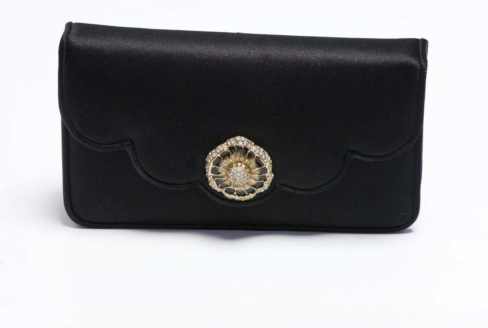 Judith Leiber Black Satin Camellia Flower Enamel Crystal Mini Clutch Bag