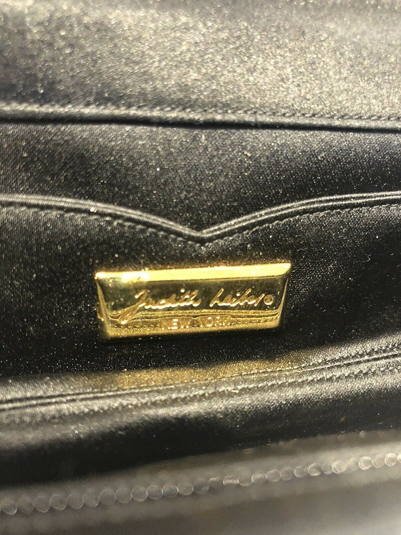 Judith Leiber Black Satin Camellia Flower Enamel Crystal Mini Clutch Bag