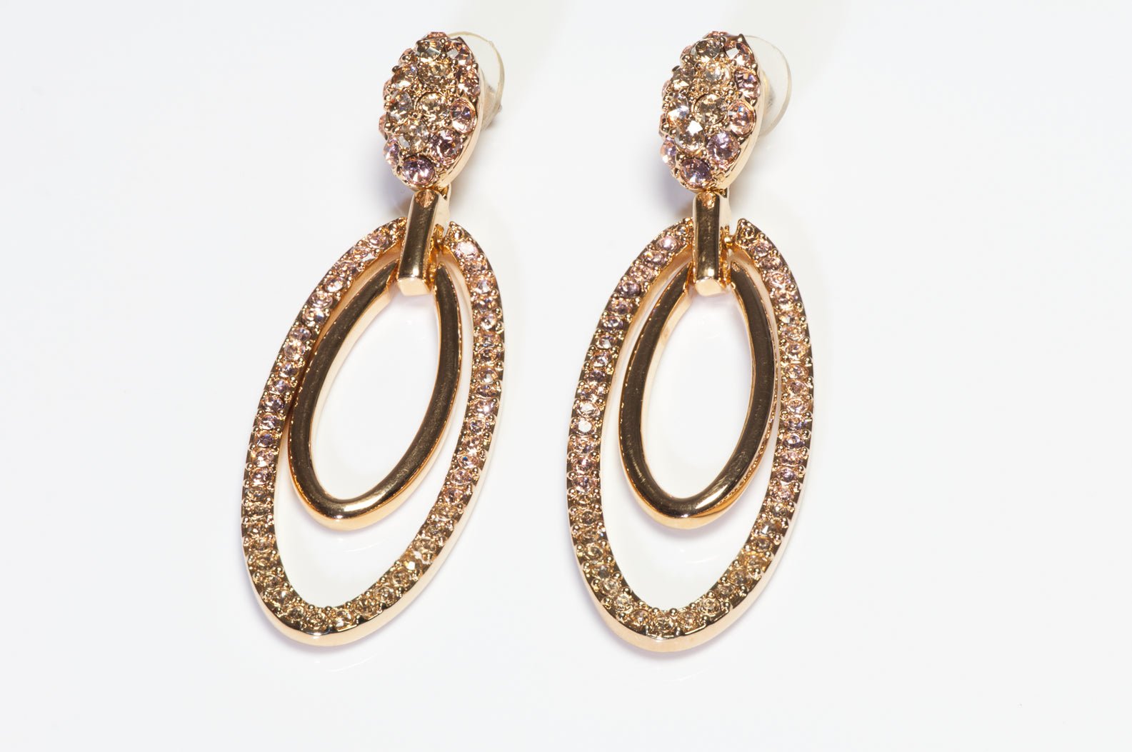 Judith Leiber Long Gold Plated Ombre Brown Pink Crystal Hoop Earrings