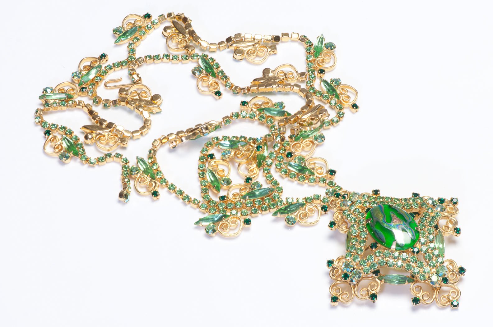 Juliana Delizza & Elster 1960's Green Crystal Convertible Brooch Pendant Necklace