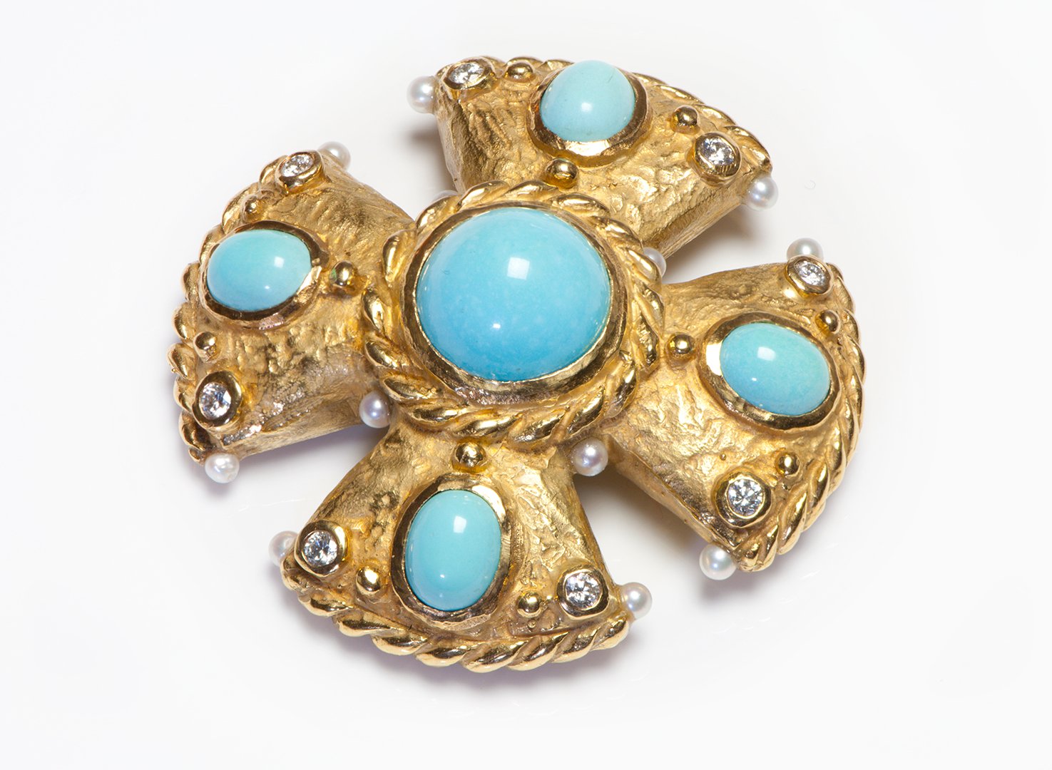 Katy Briscoe 18K Gold Turquoise Diamond Pearl Maltese Cross Pendant Brooch