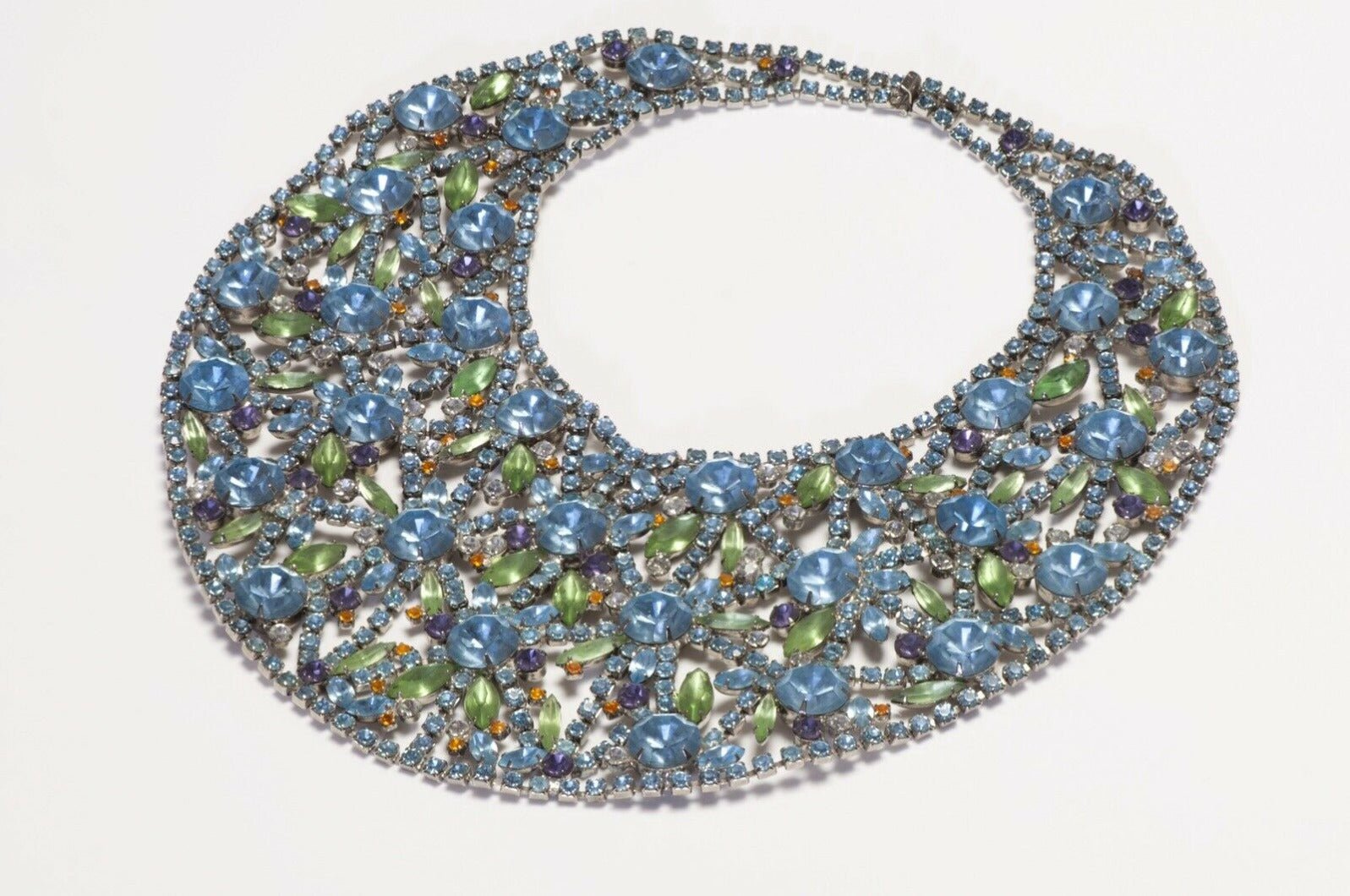 Kenneth Jay Lane 1960’s Blue Green Crystal Flower Bib Necklace