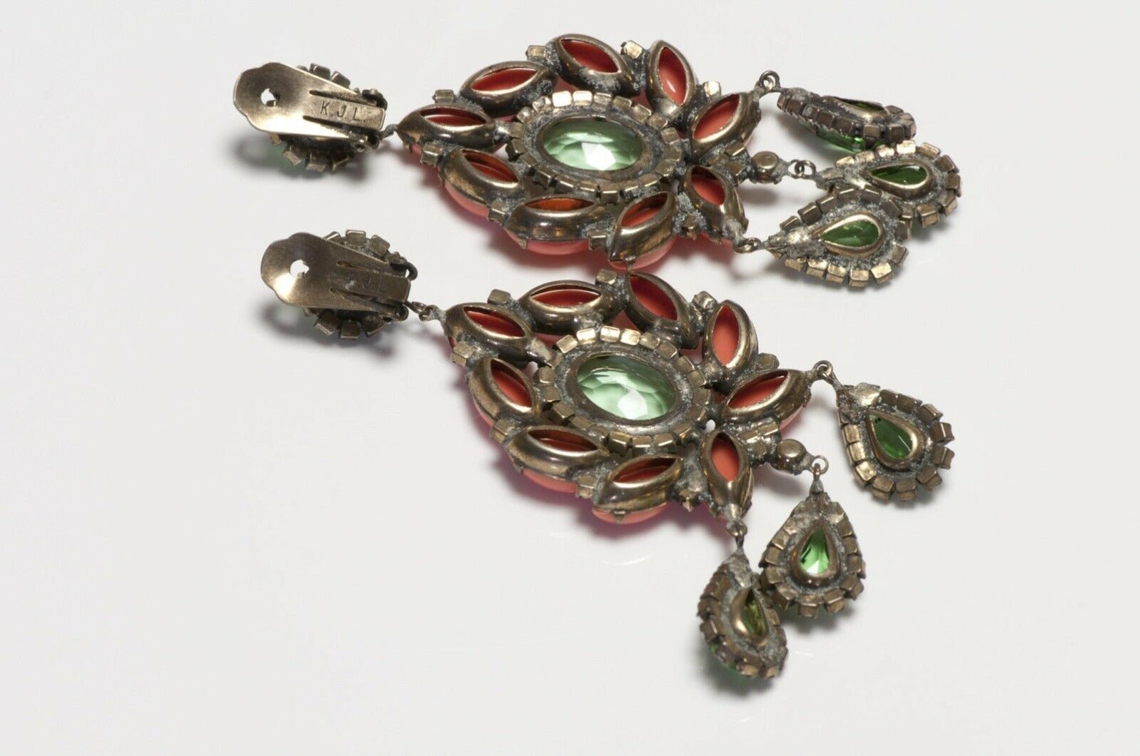 Kenneth Jay Lane 1960’s Green Glass Crystal Orange Resin Earrings
