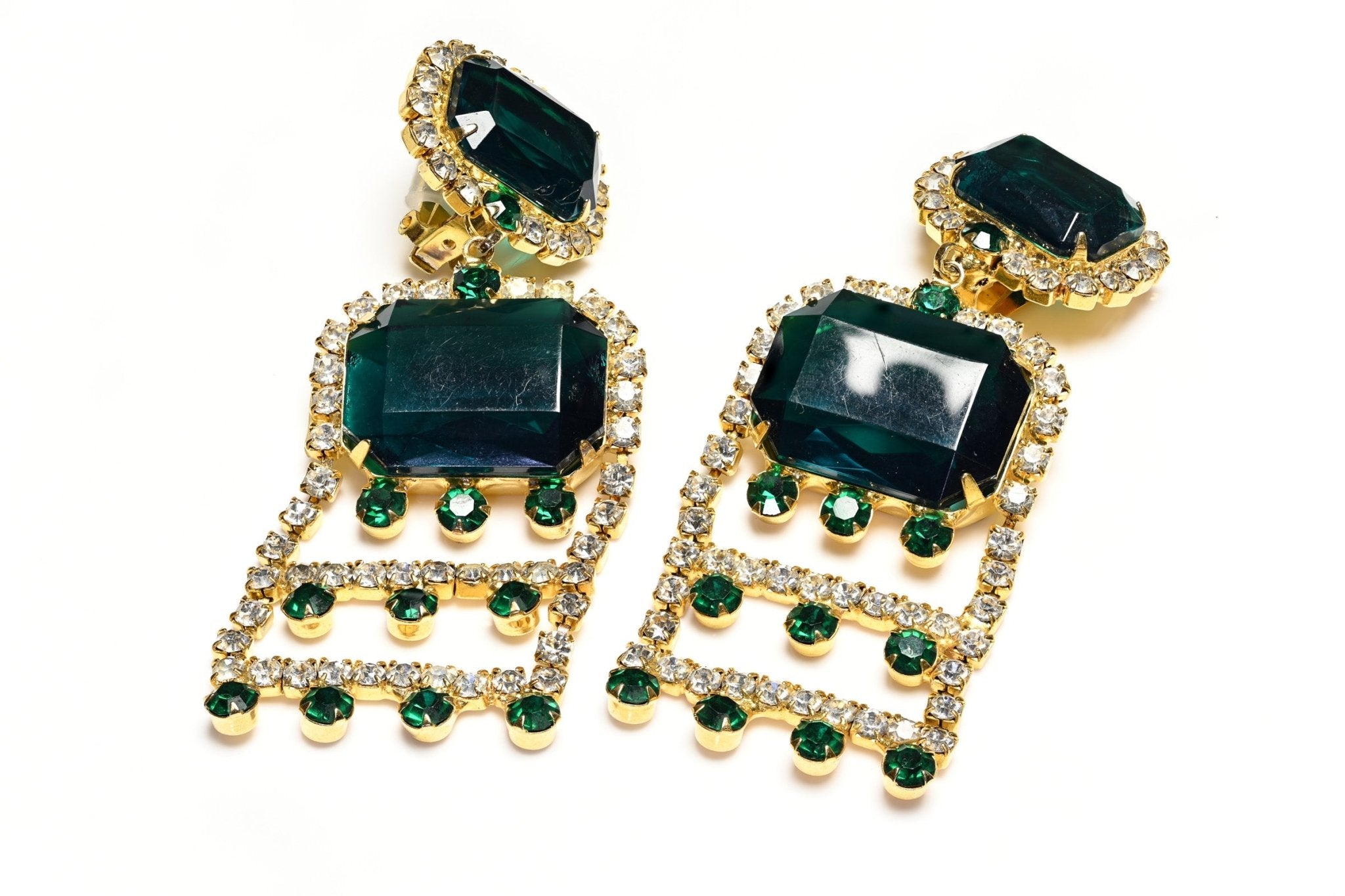 Kenneth Jay Lane 1960's Long Gold Plated Green Crystal Tassel Earrings