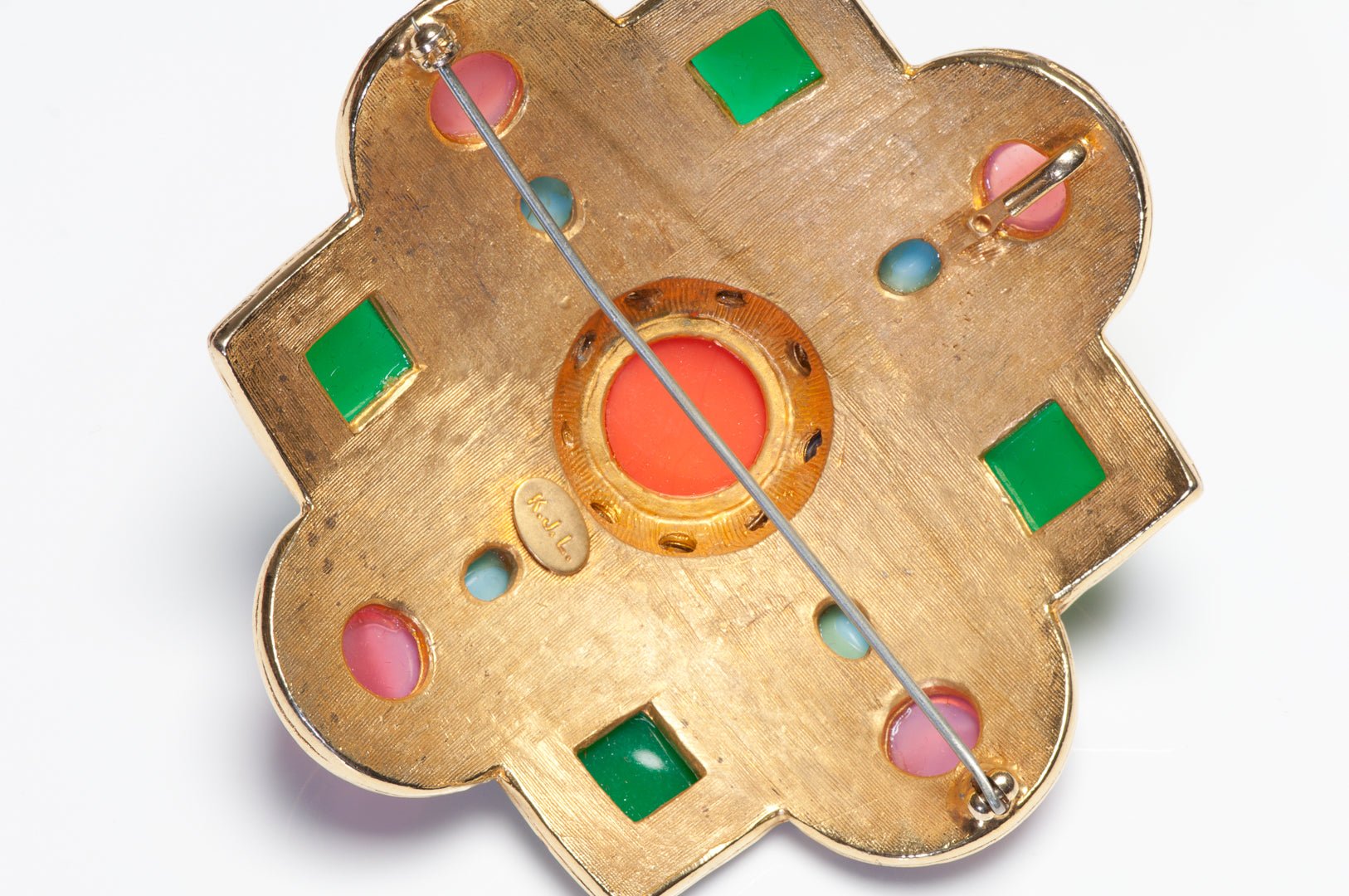 Kenneth Jay Lane 1960’s Mughal Style Pink Green Blue Glass Large Pendant Brooch