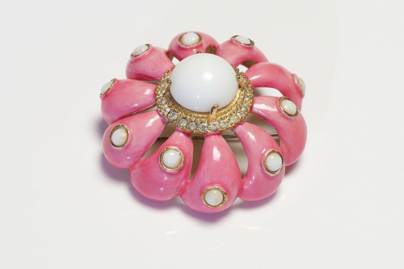 Kenneth Jay Lane 1960’s White Cabochon Pink Enamel Crystal Flower Brooch