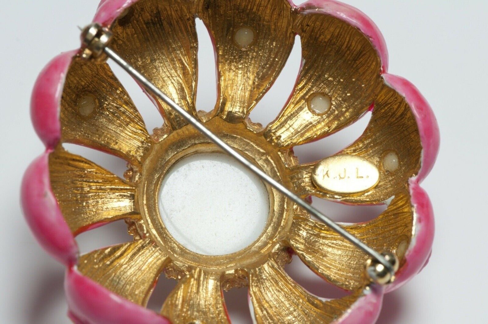 Kenneth Jay Lane 1960’s White Cabochon Pink Enamel Crystal Flower Brooch