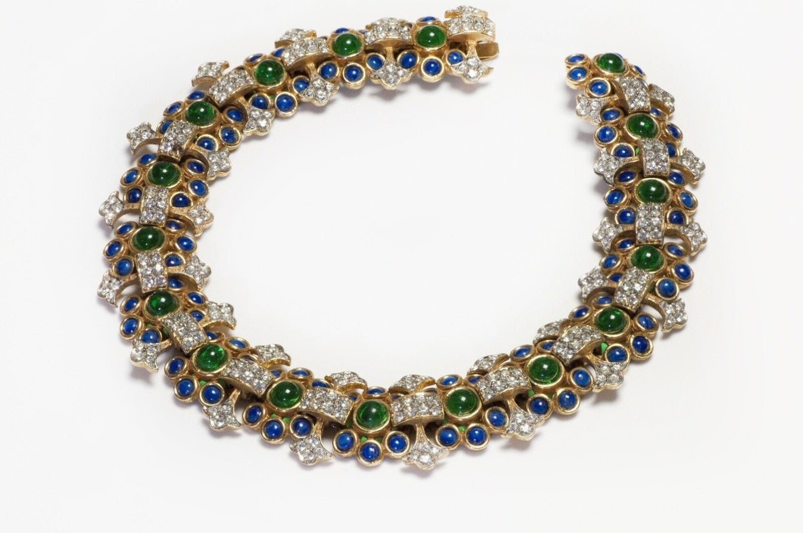 Kenneth Jay Lane 1980’s Blue Green Cabochon Glass Crystal Collar Necklace