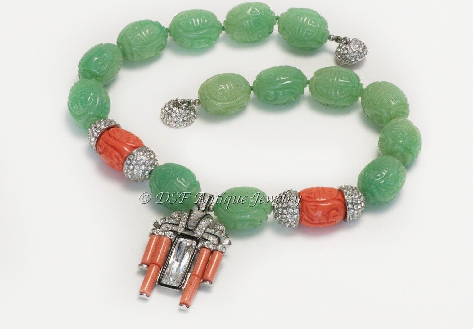 Kenneth Jay Lane Art Deco Style Faux Jade Coral Carved Beads Necklace