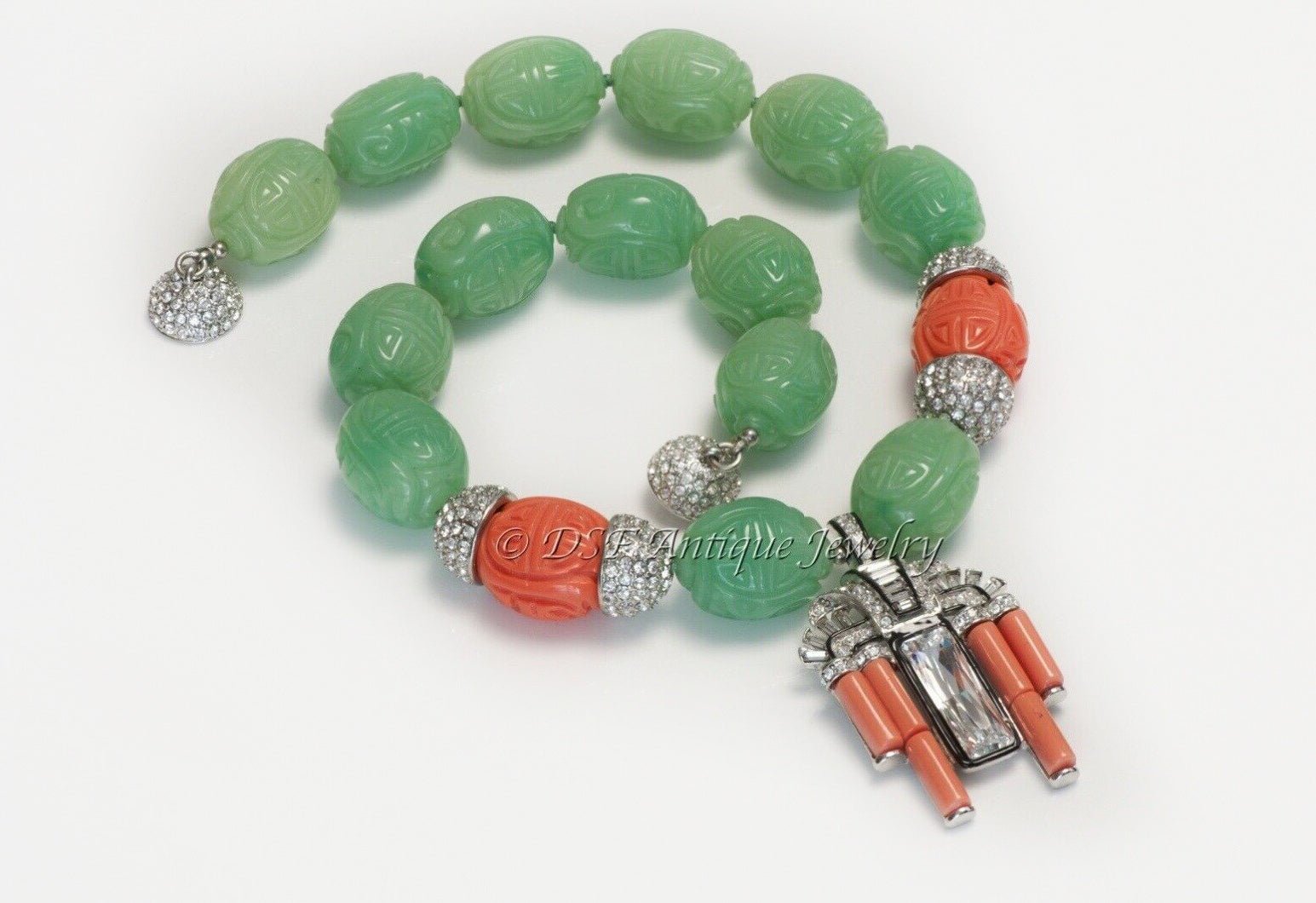 Kenneth Jay Lane Art Deco Style Faux Jade Coral Carved Beads Necklace