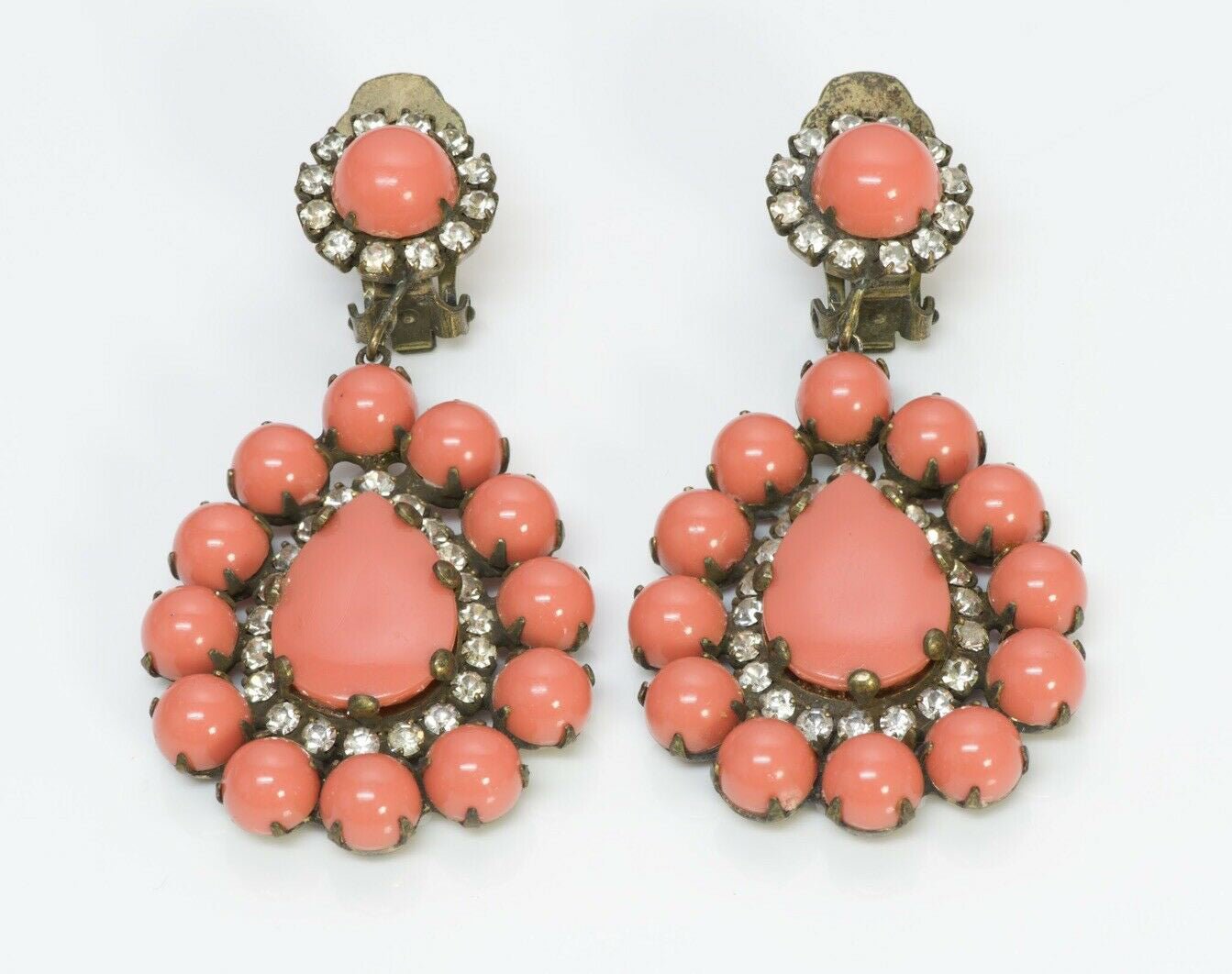 Kenneth Jay Lane KJL 1960’s Faux Coral Crystal Drop Earrings