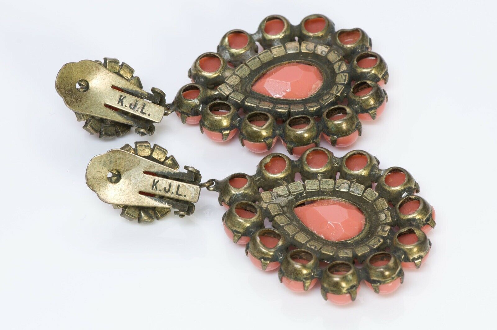 Kenneth Jay Lane KJL 1960’s Faux Coral Crystal Drop Earrings