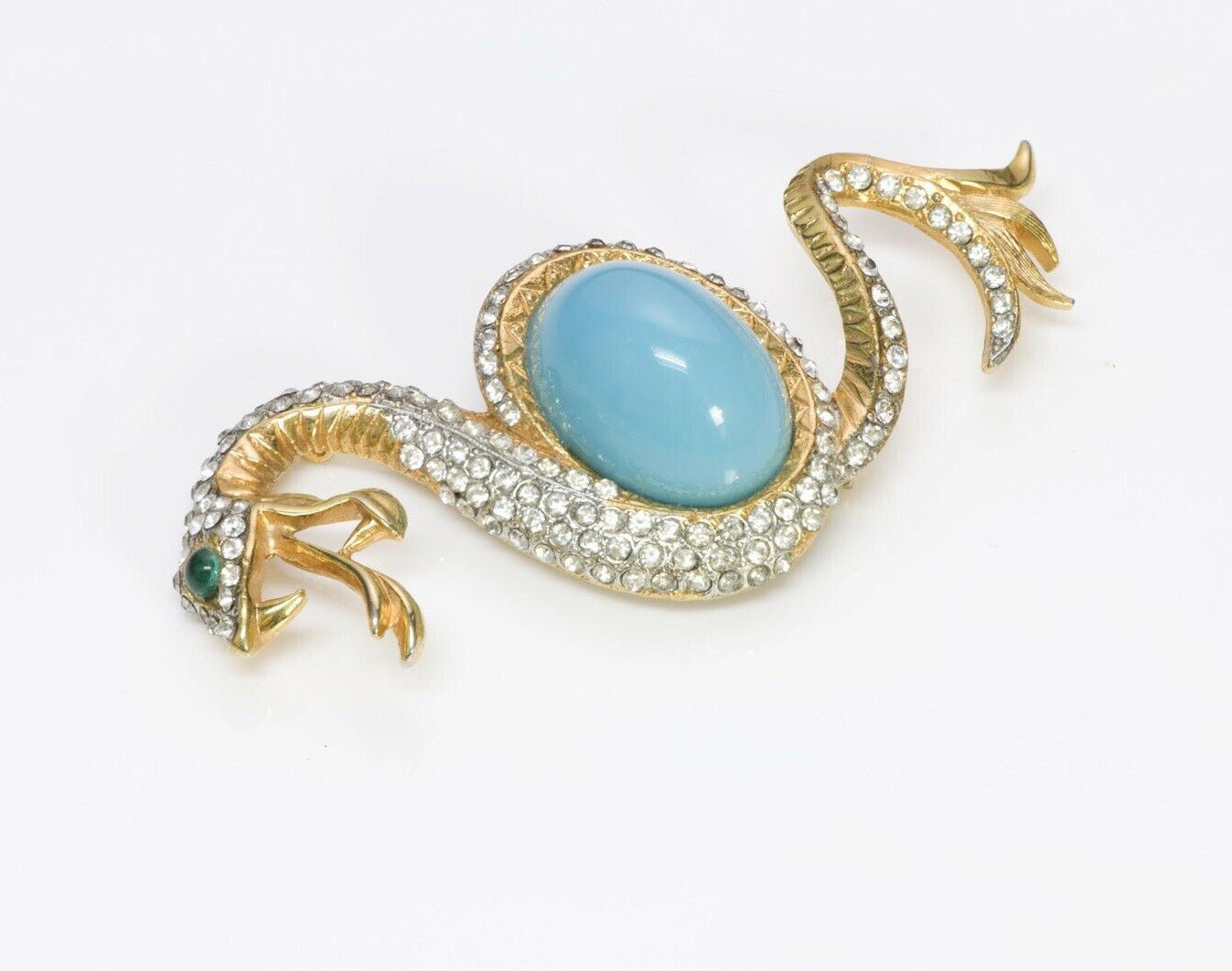Kenneth Jay Lane KJL 1960’s Gold Plated Faux Turquoise Crystal Snake Brooch