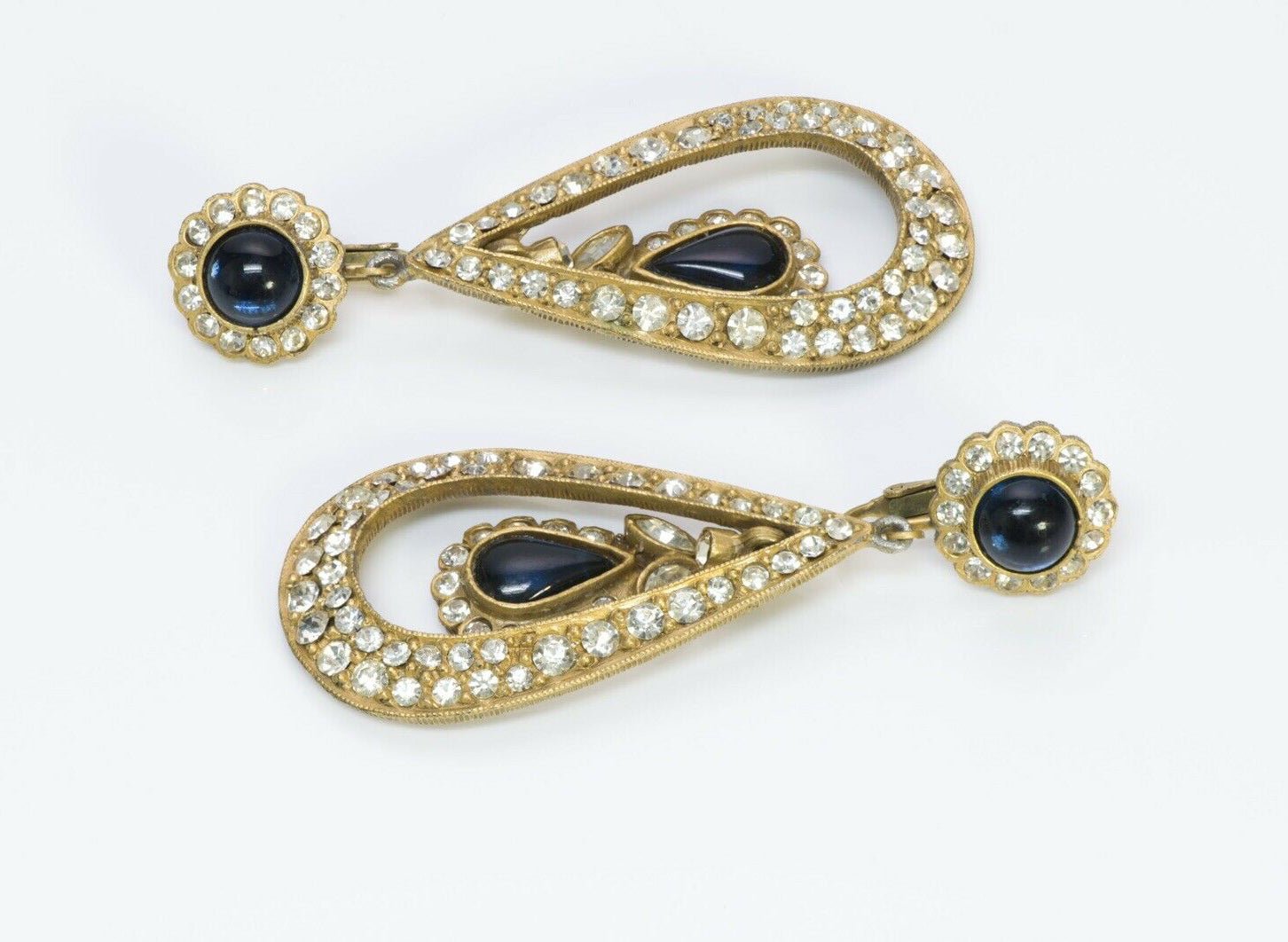 Kenneth Jay Lane KJL 1960’s Long Crystal Blue Cabochon Glass Earrings