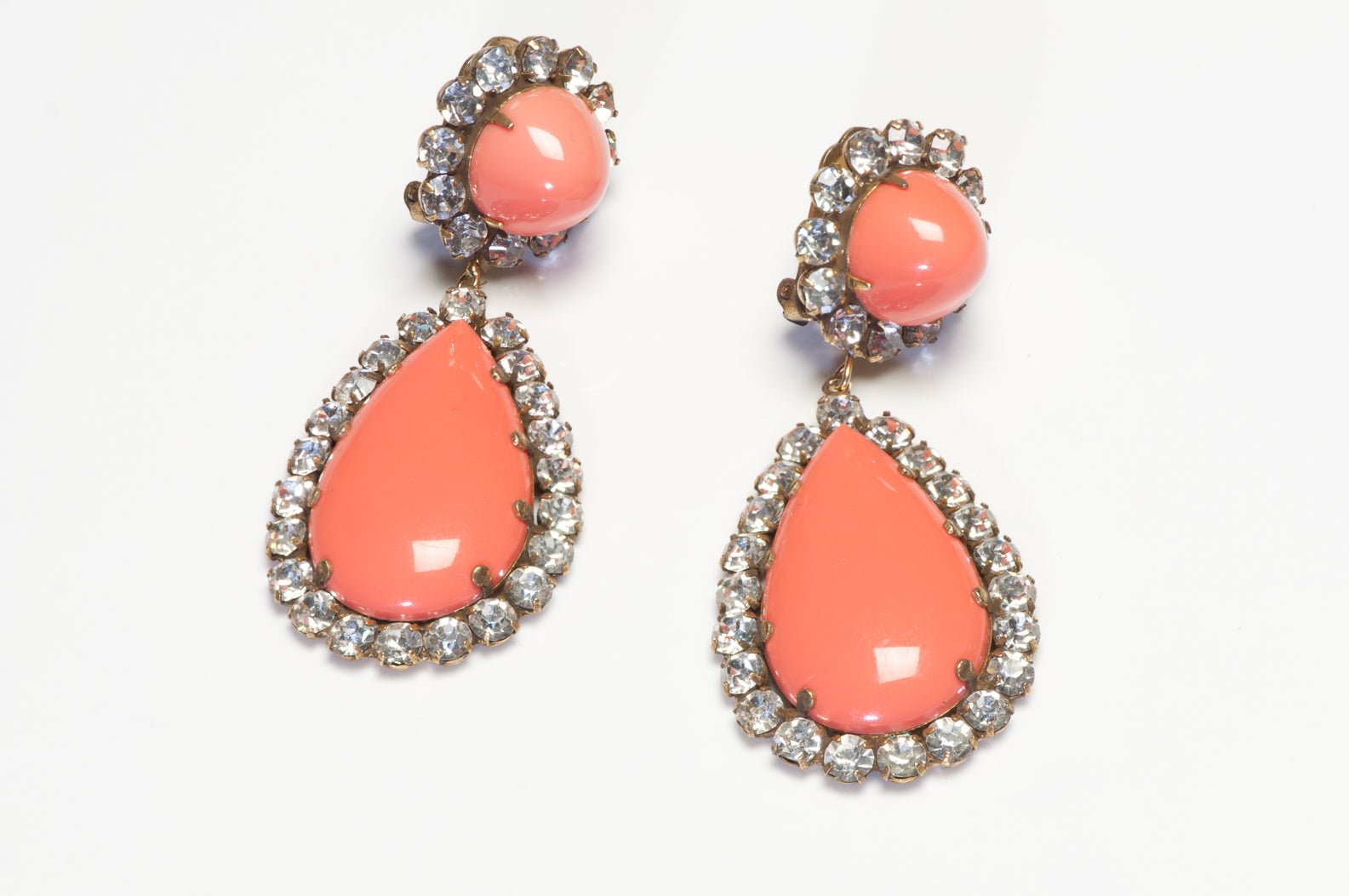 Kenneth Jay Lane KJL 1960’s Long Faux Coral Resin Crystal Drop Earrings