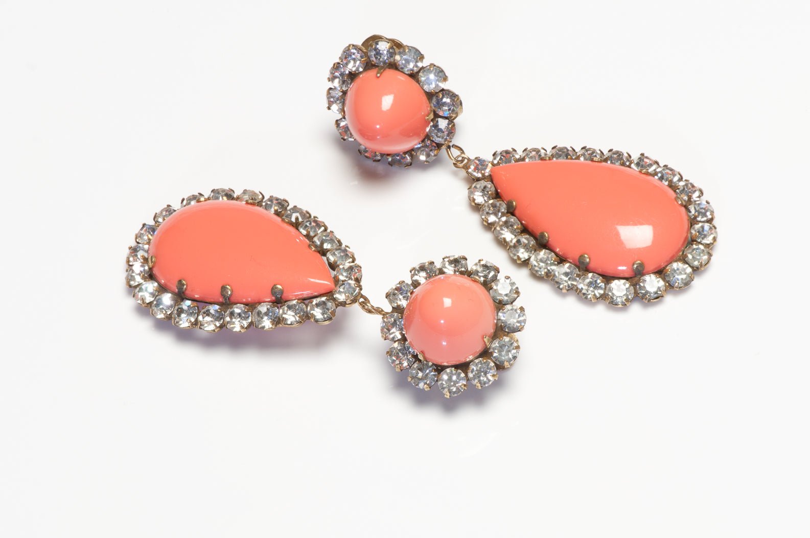 Kenneth Jay Lane KJL 1960’s Long Faux Coral Resin Crystal Drop Earrings