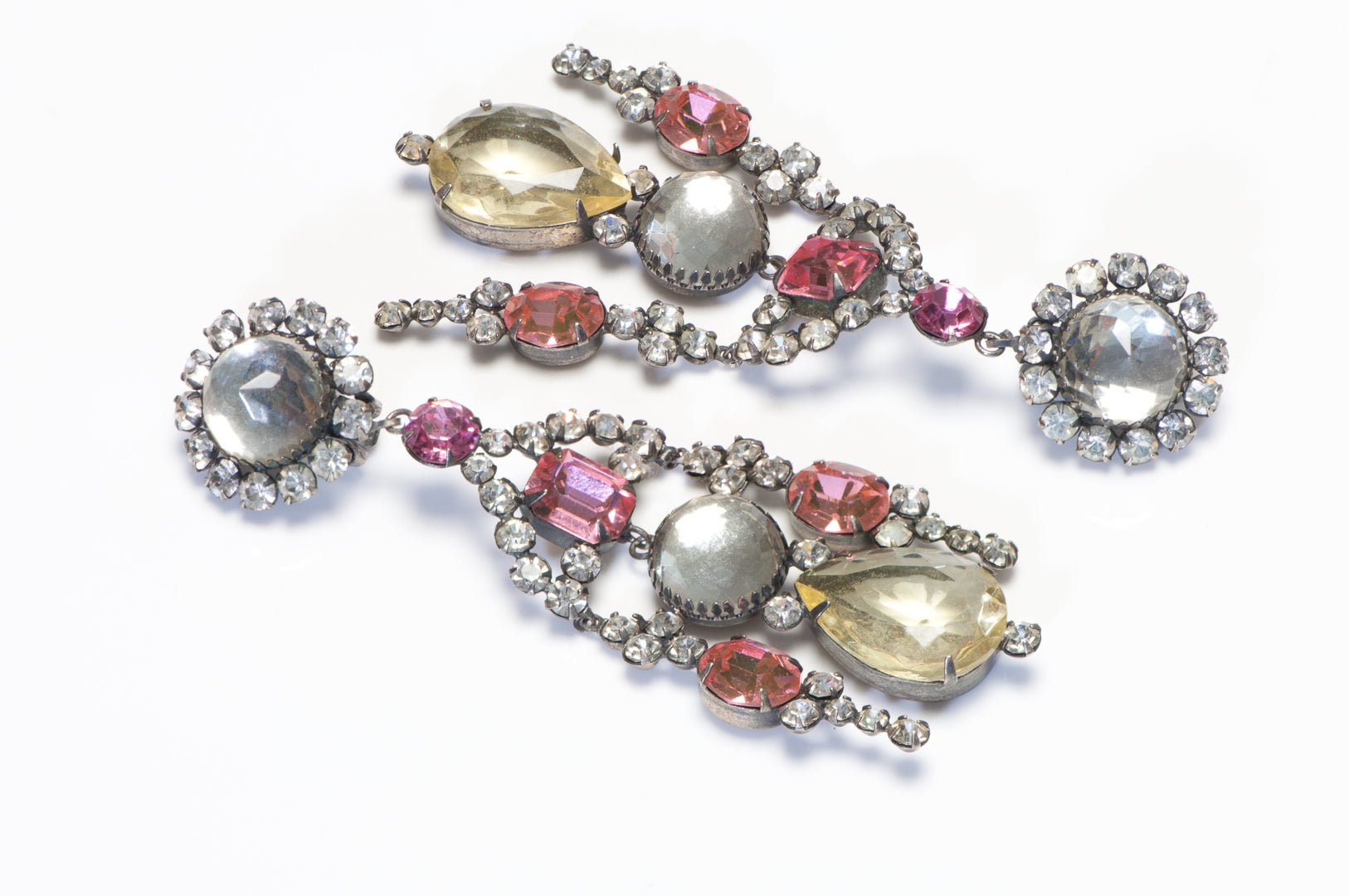 Kenneth Jay Lane KJL 1960’s Long Pink Yellow Crystal Chandelier Earrings