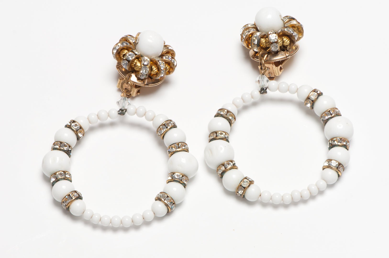 Kenneth Jay Lane KJL 1960’s Long White Glass Beads Crystal Hoop Earrings