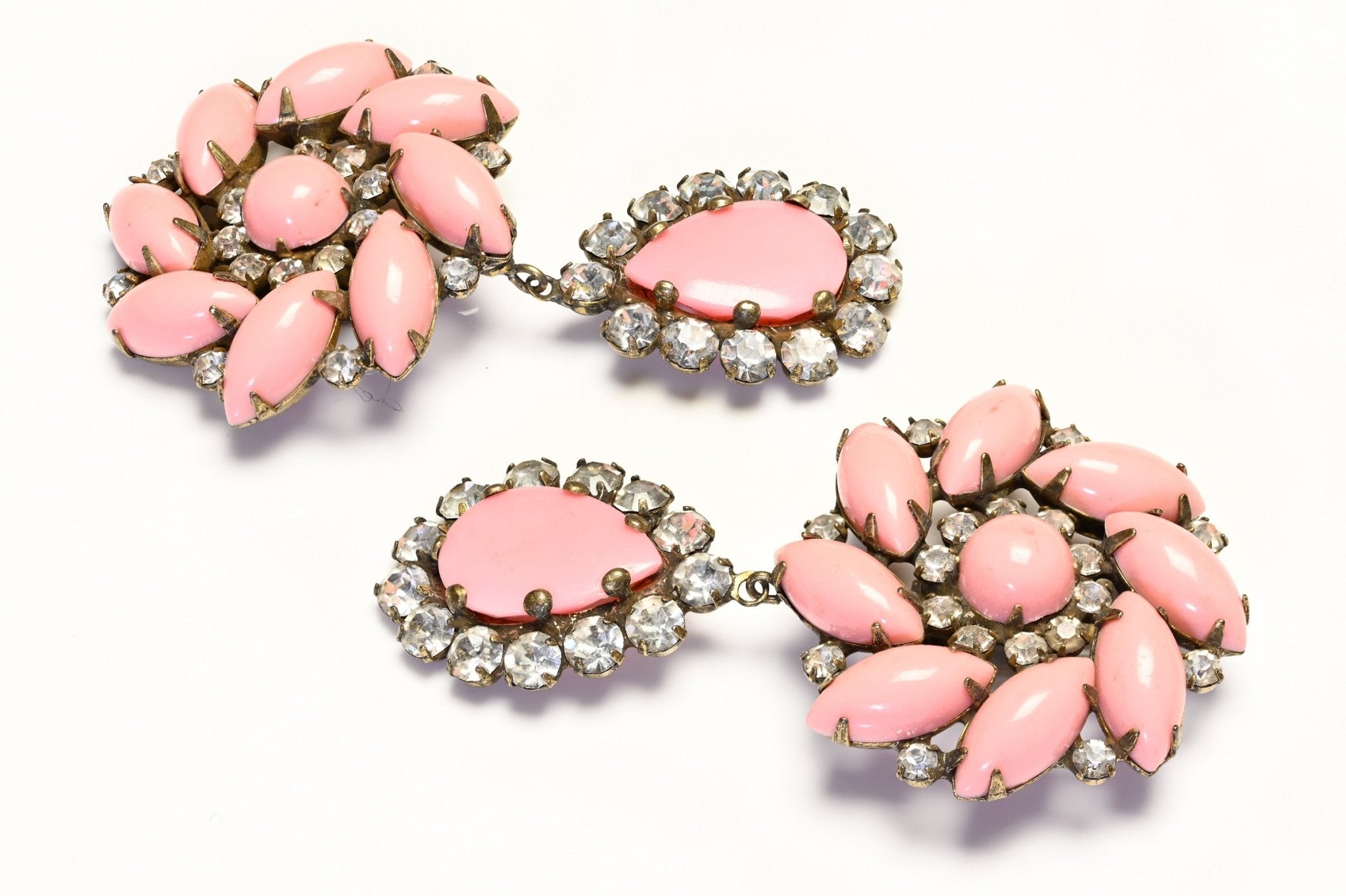 Kenneth Jay Lane KJL 1960’s Pink Crystal Drop Flower Earrings