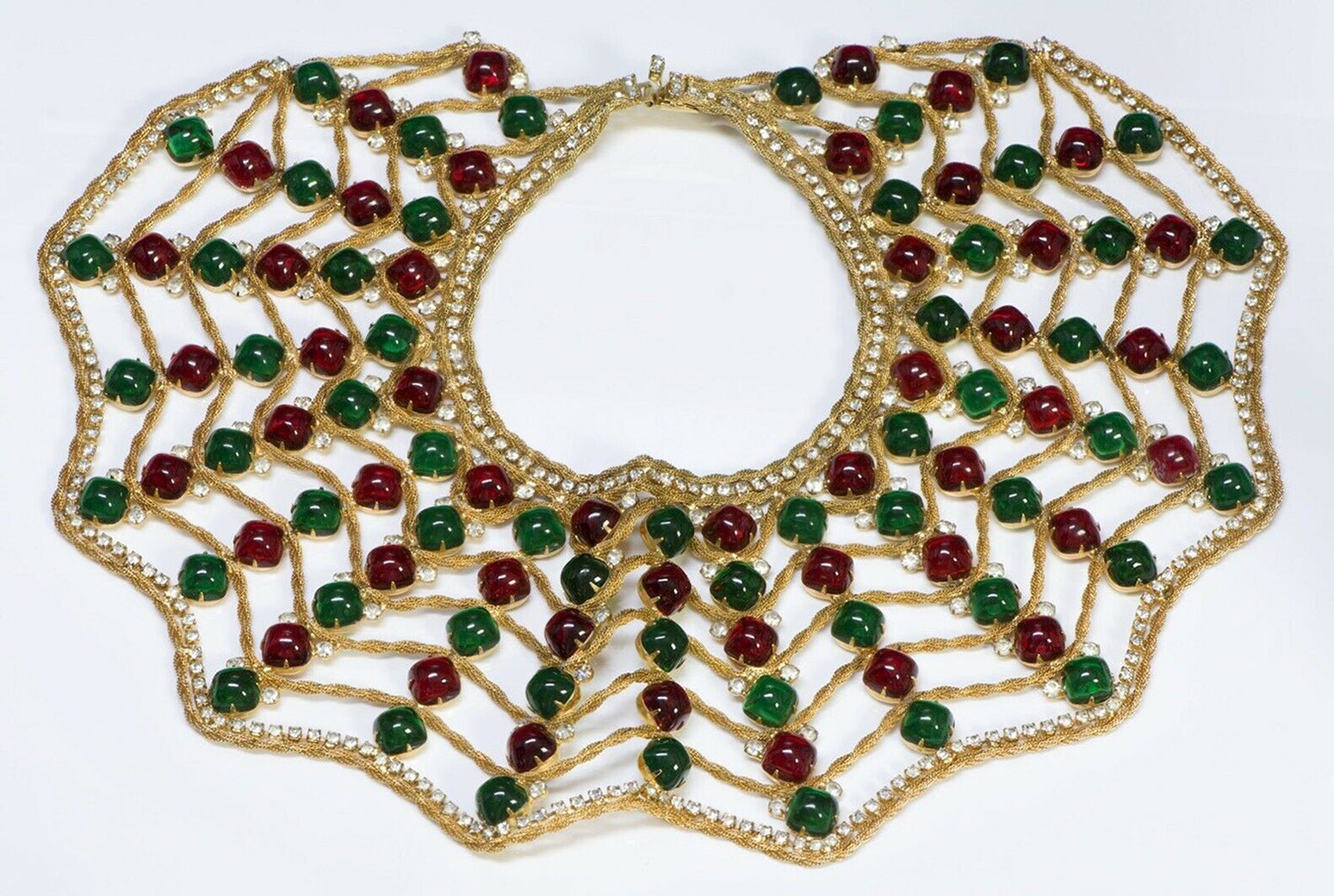 Kenneth Jay Lane KJL 1960’s Spider Web Green Red Cabochon Glass Collar Necklace