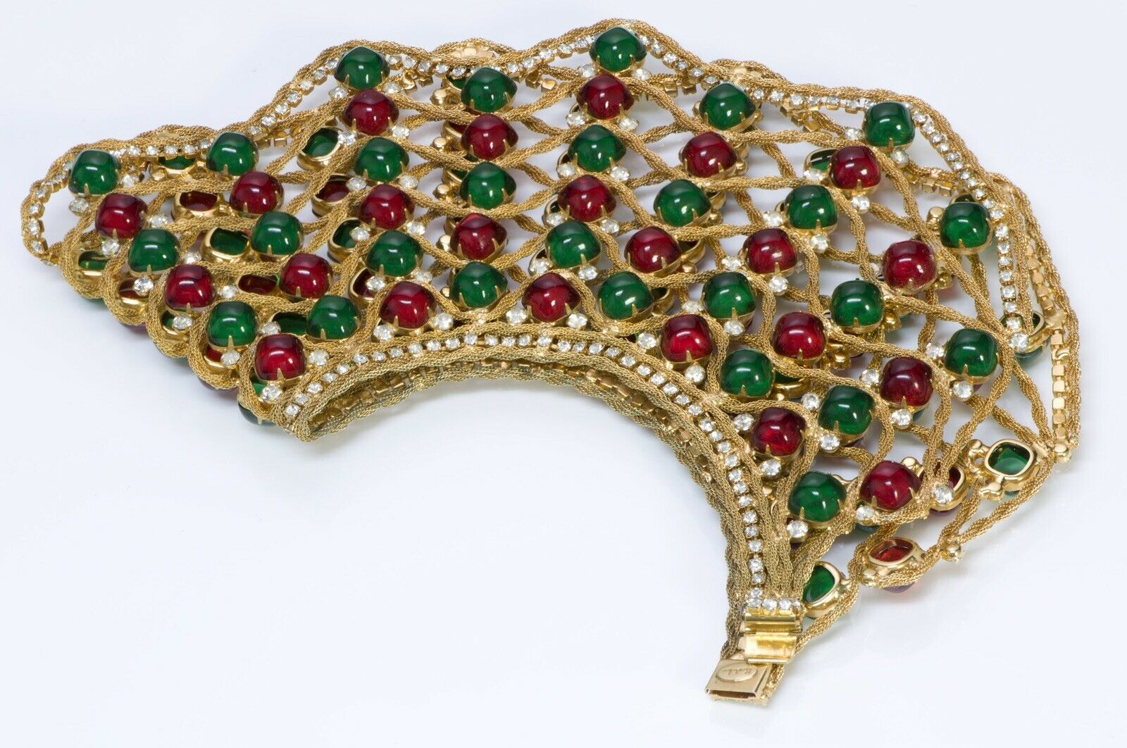 Kenneth Jay Lane KJL 1960’s Spider Web Green Red Cabochon Glass Collar Necklace
