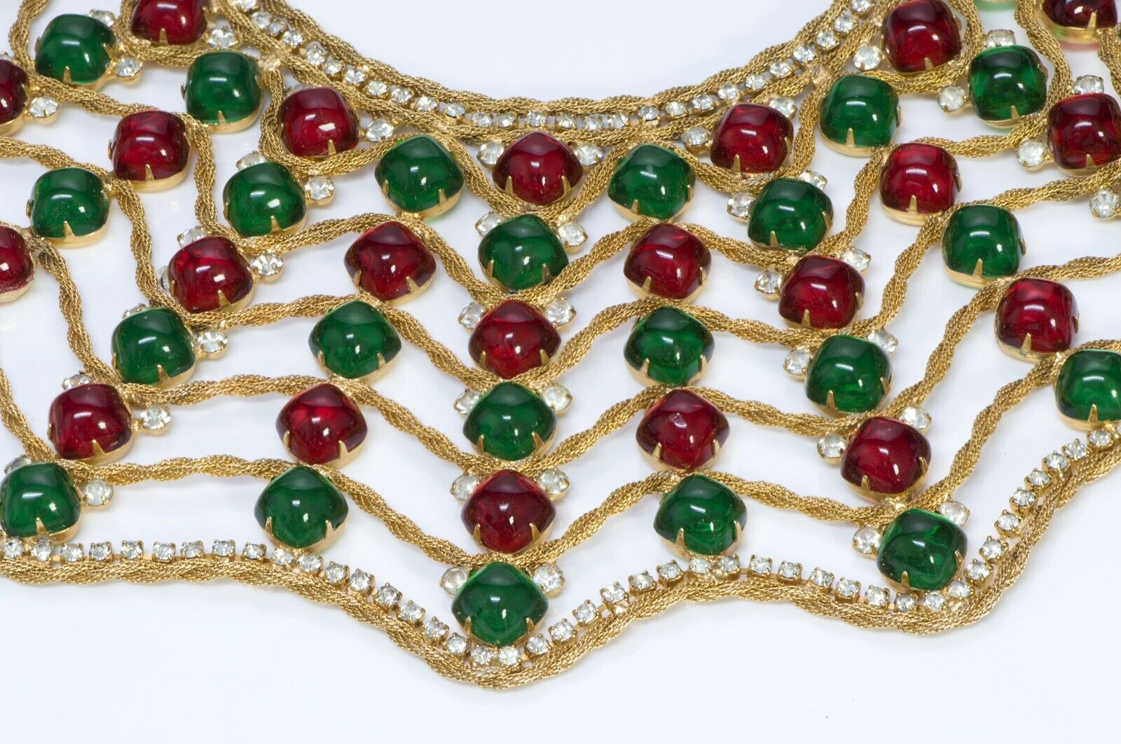 Kenneth Jay Lane KJL 1960’s Spider Web Green Red Cabochon Glass Collar Necklace