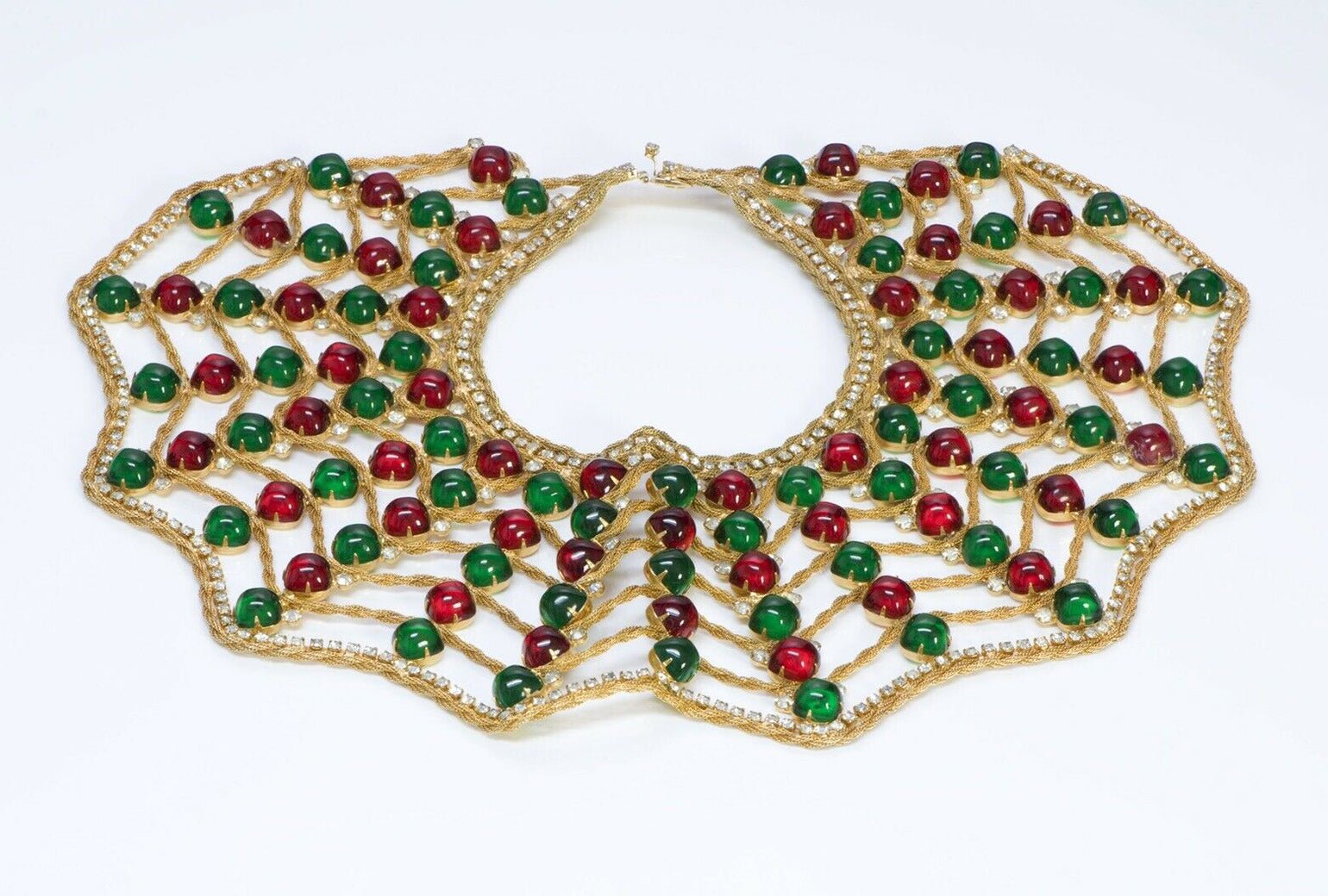Kenneth Jay Lane KJL 1960’s Spider Web Green Red Cabochon Glass Collar Necklace