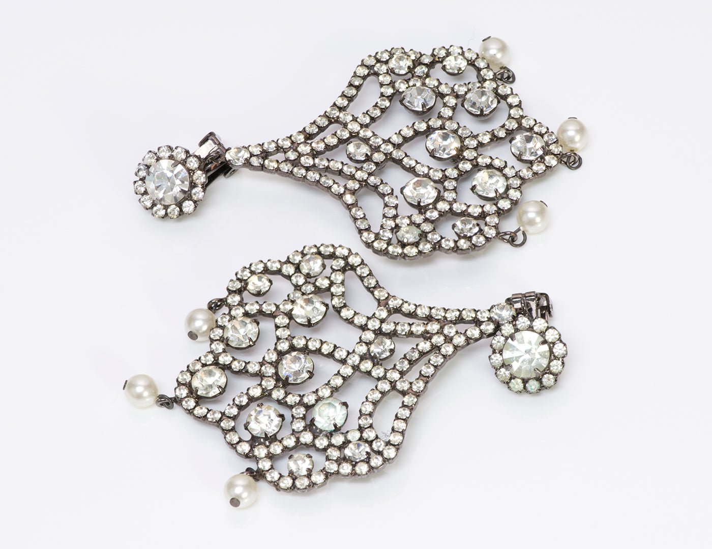 Kenneth Jay Lane KJL 1990’s Crystal Pearl Chandelier Earrings
