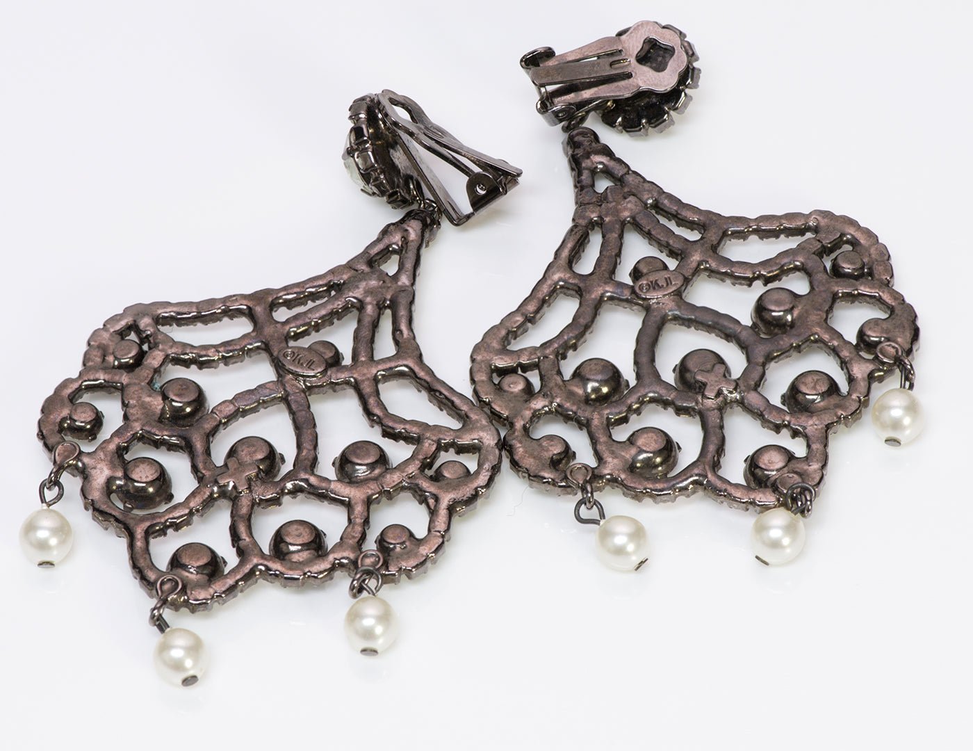 Kenneth Jay Lane KJL 1990’s Crystal Pearl Chandelier Earrings
