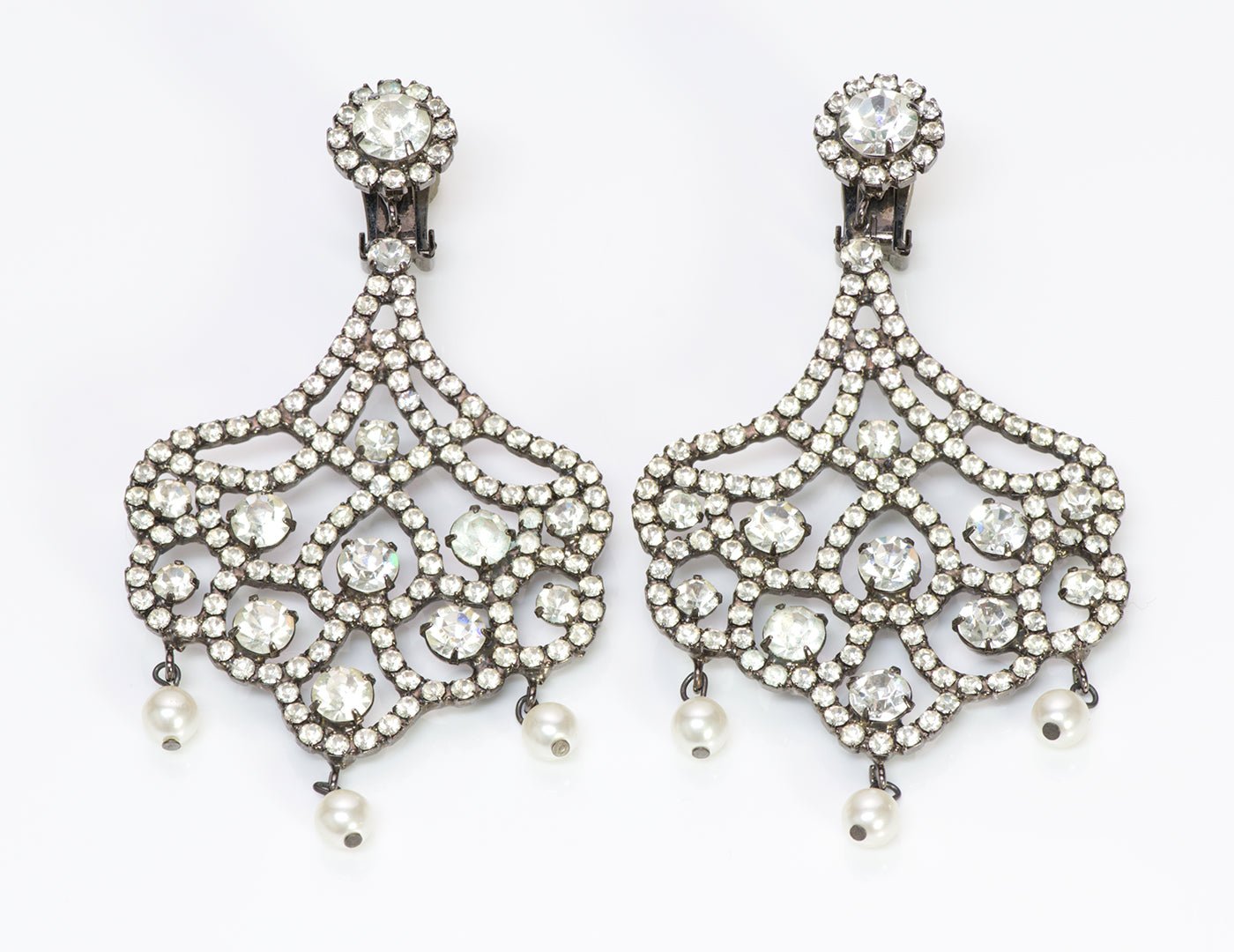 Kenneth Jay Lane KJL 1990’s Crystal Pearl Chandelier Earrings