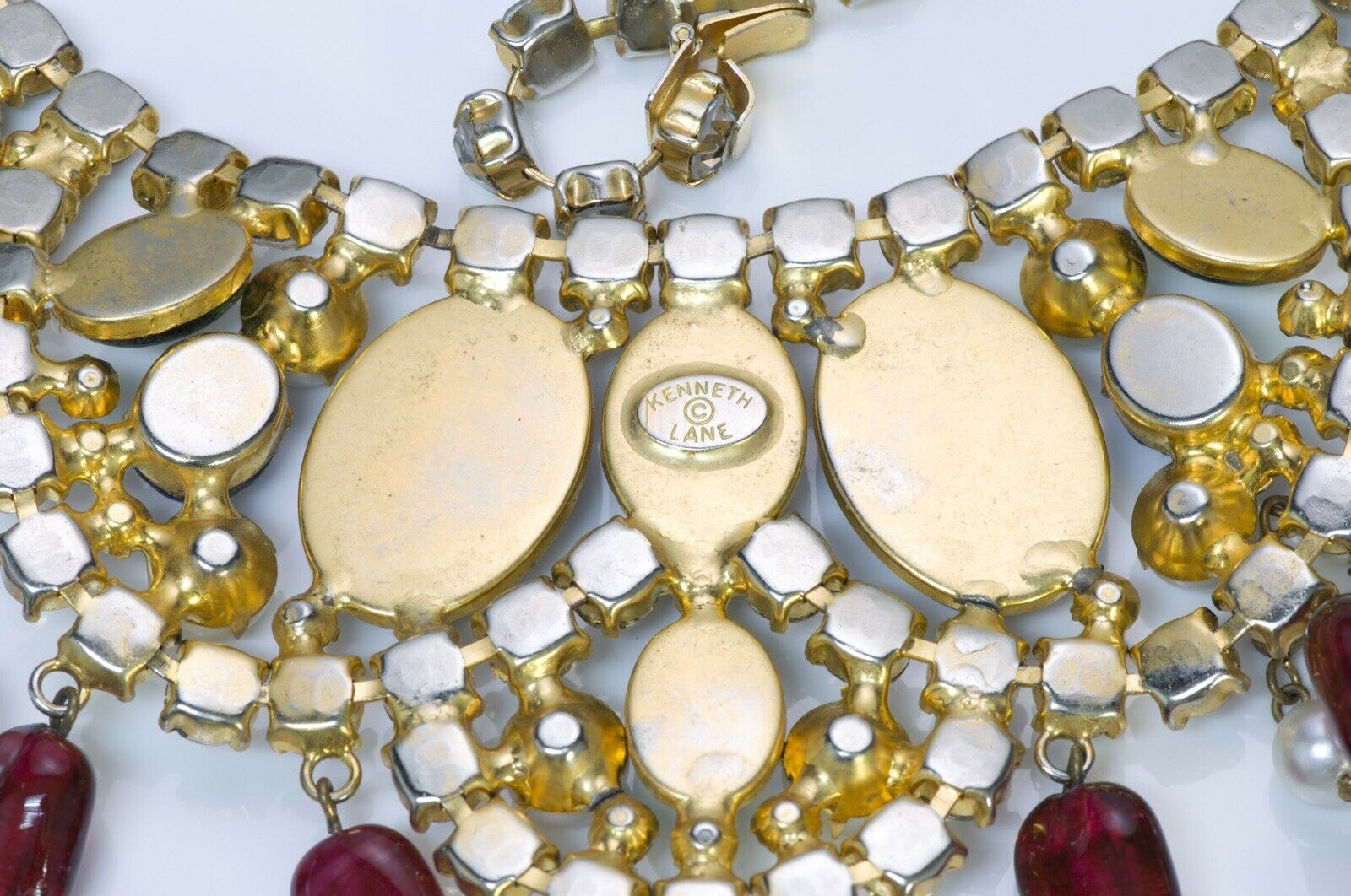 Kenneth Jay Lane KJL 1990’s Green Red Glass Crystal Tassel Necklace