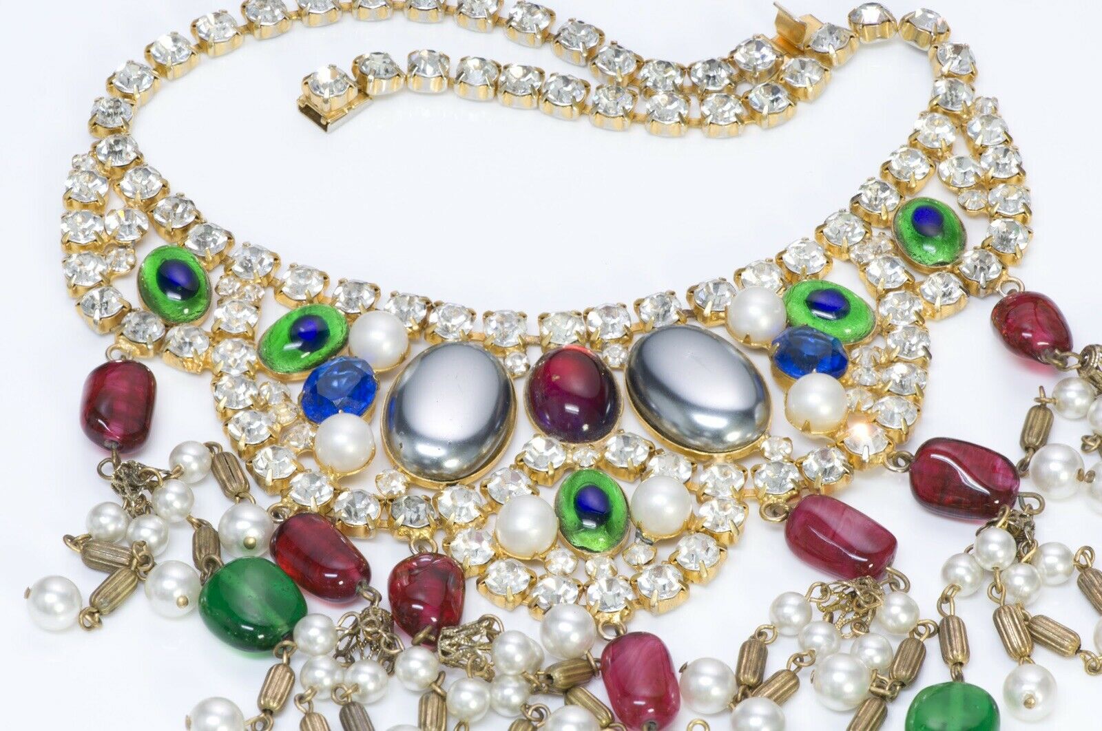 Kenneth Jay Lane KJL 1990’s Green Red Glass Crystal Tassel Necklace