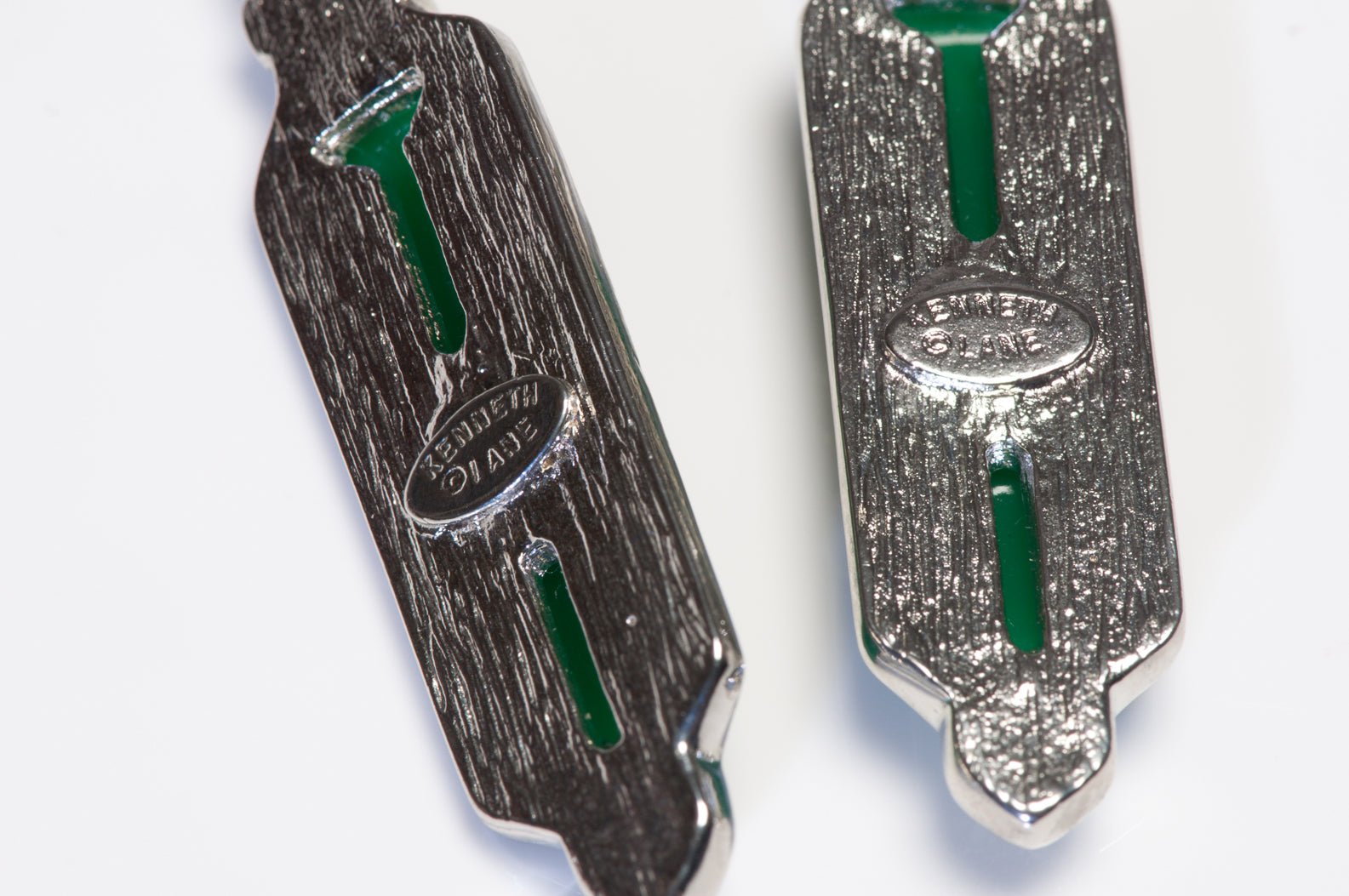 Kenneth Jay Lane Long Art Deco Style Green Resin Black Enamel Earrings