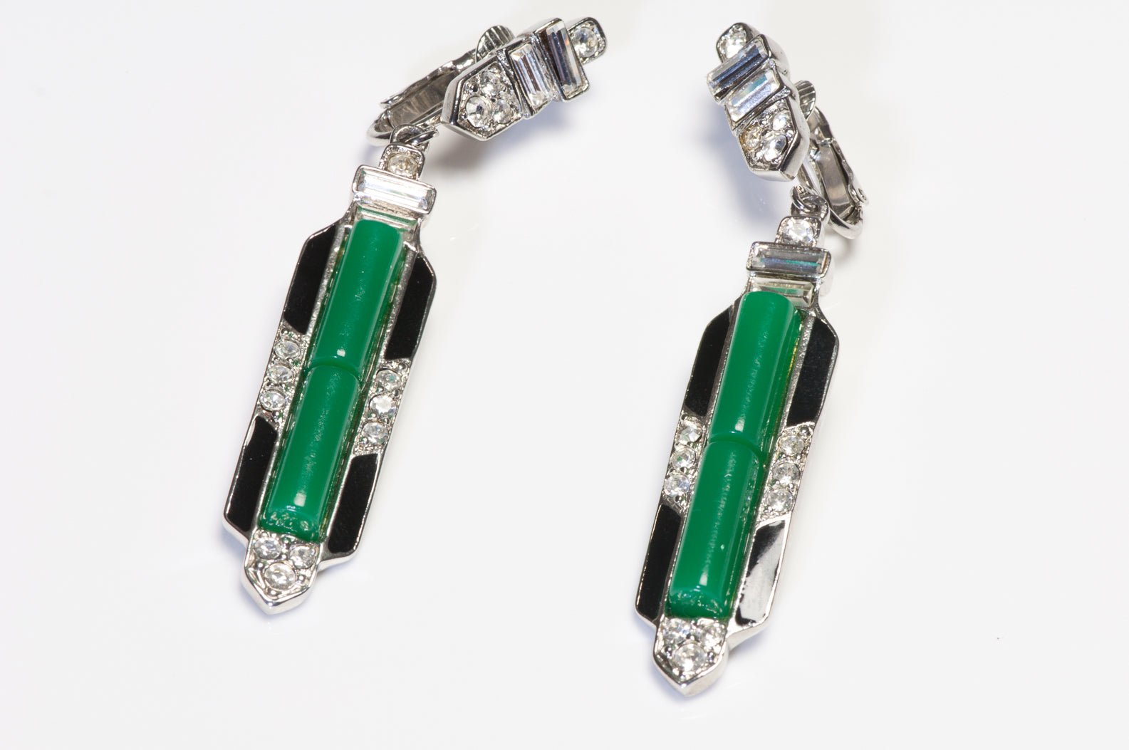 Kenneth Jay Lane Long Art Deco Style Green Resin Black Enamel Earrings