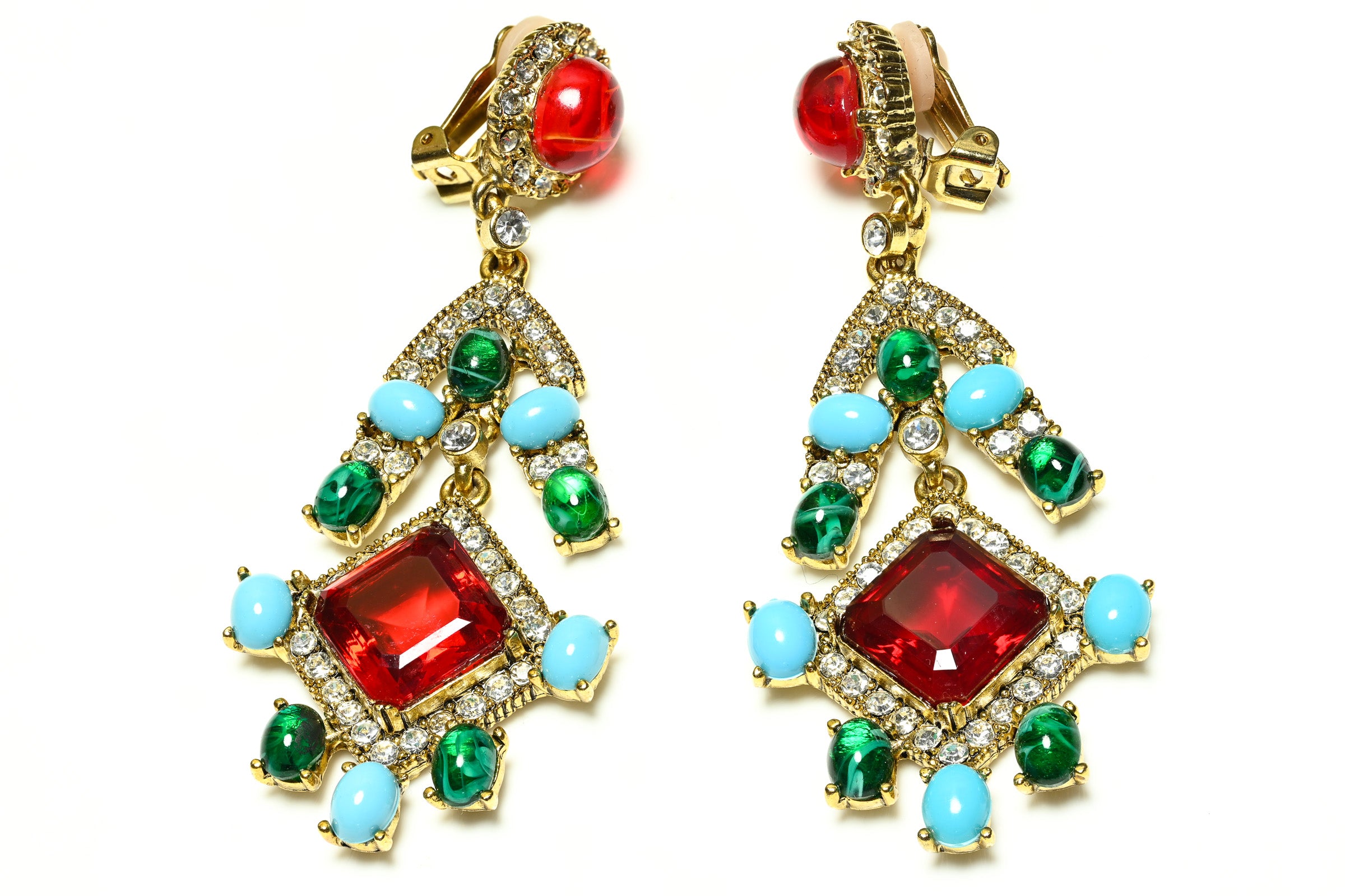 Vintage Kenneth Jay Lane Mughal Style Blue Red Glass Chandelier Earrings 1