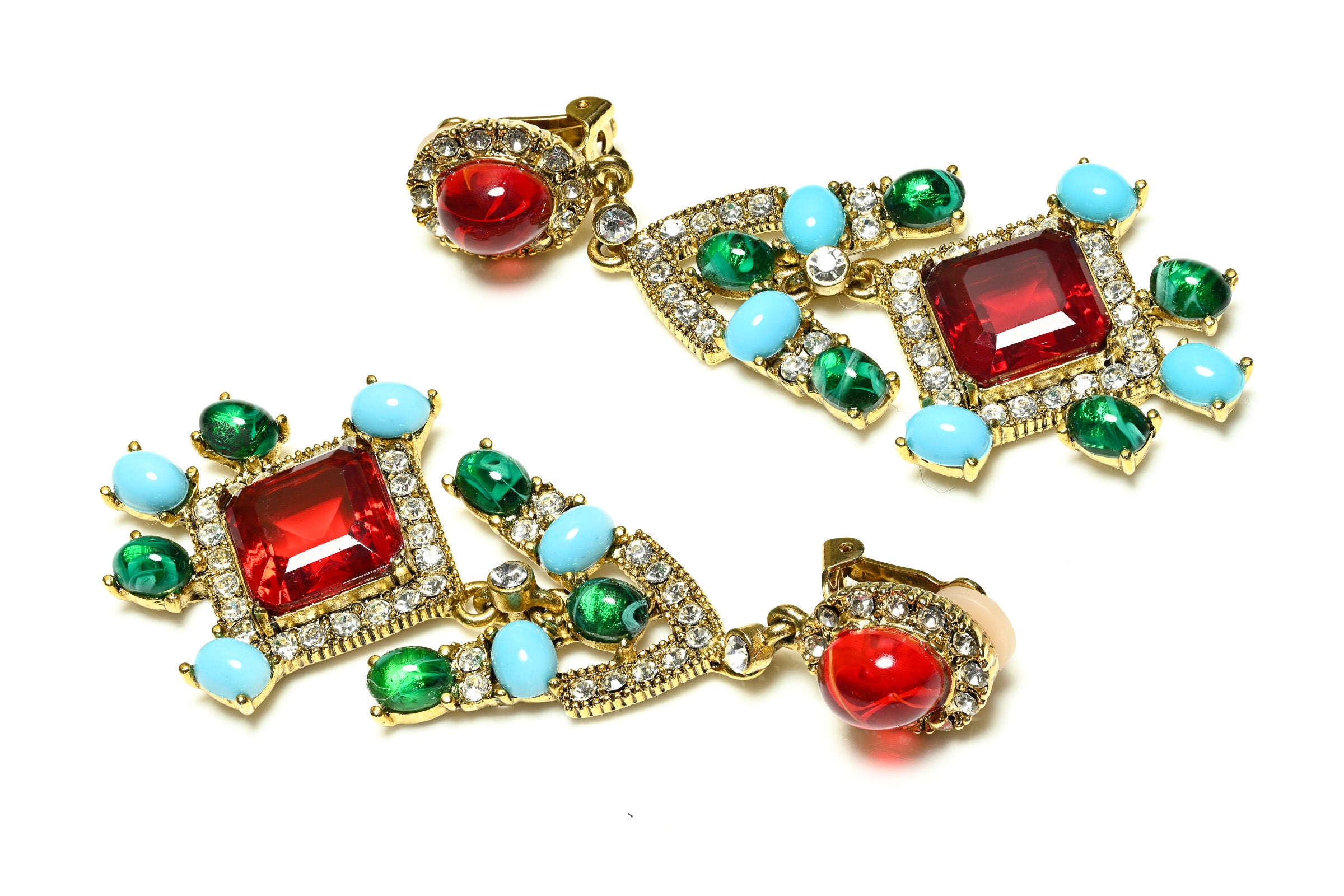 Vintage Kenneth Jay Lane Mughal Style Blue Red Glass Chandelier Earrings