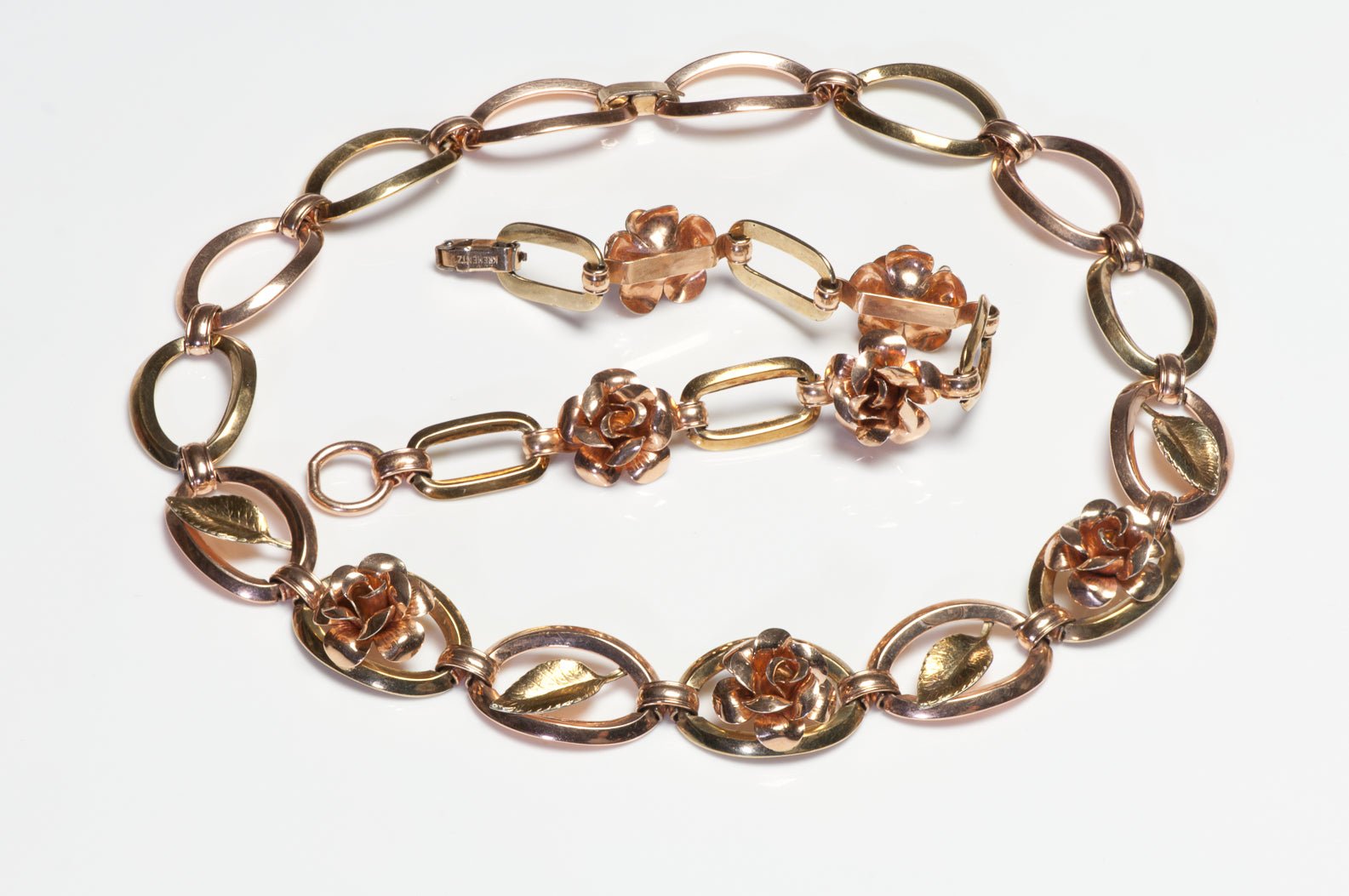 Krementz 1950’s Gold Plated Rose Flower Leaf Link Necklace Bracelet Set