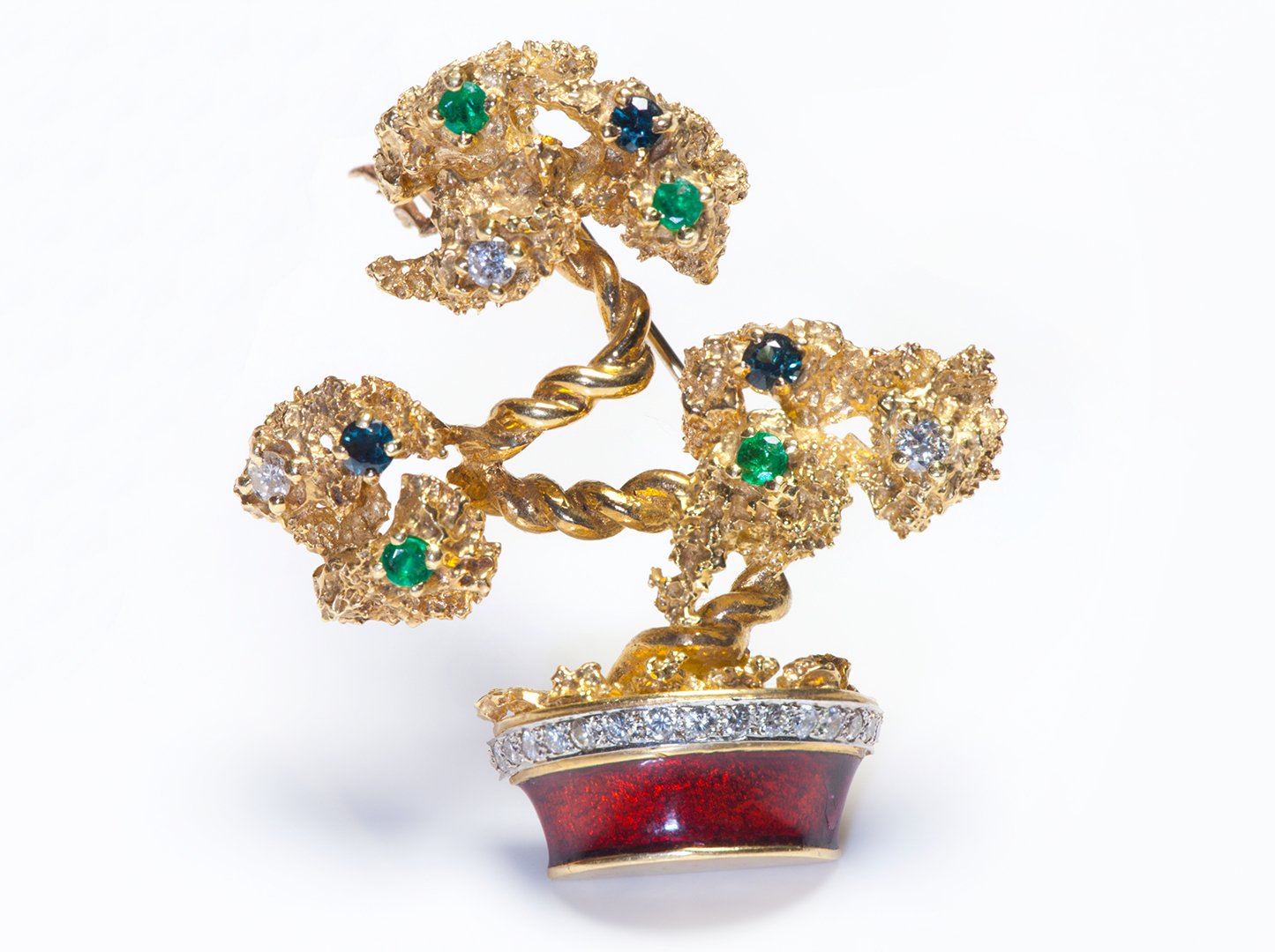 La Triomphe 18K Gold Gemstone Enamel Bonsai Tree Brooch