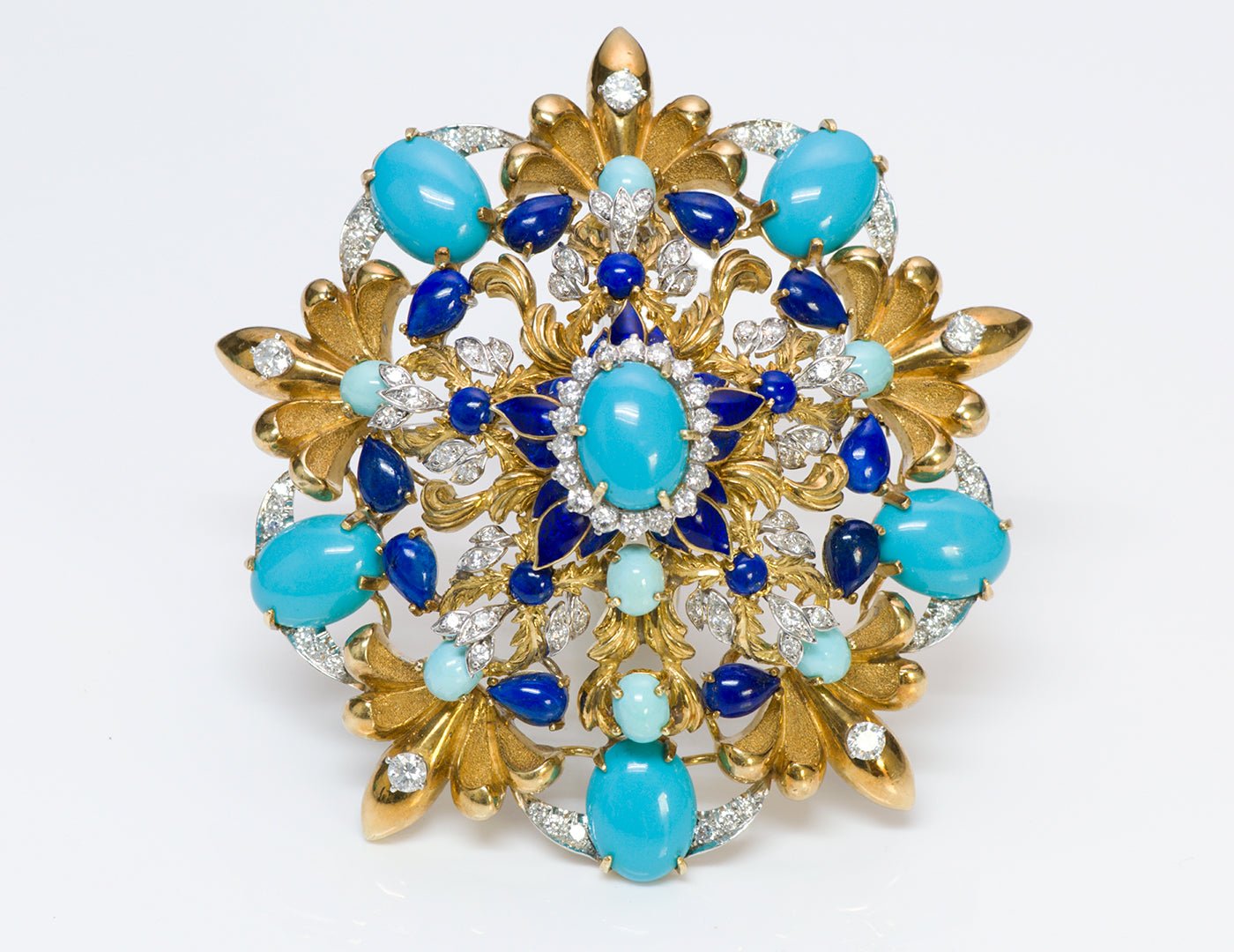 La Triomphe 18K Gold Turquoise Diamond Lapis Enamel Pendant Brooch