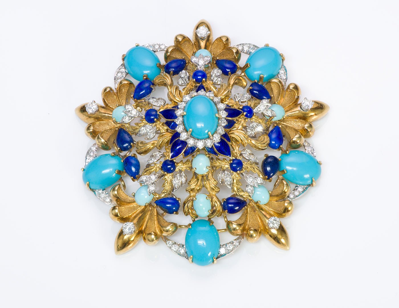 La Triomphe 18K Gold Turquoise Diamond Lapis Enamel Pendant Brooch