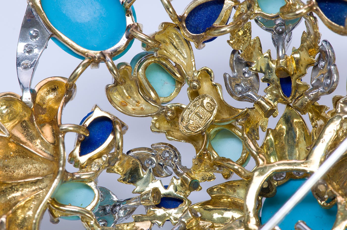 La Triomphe 18K Gold Turquoise Diamond Lapis Enamel Pendant Brooch