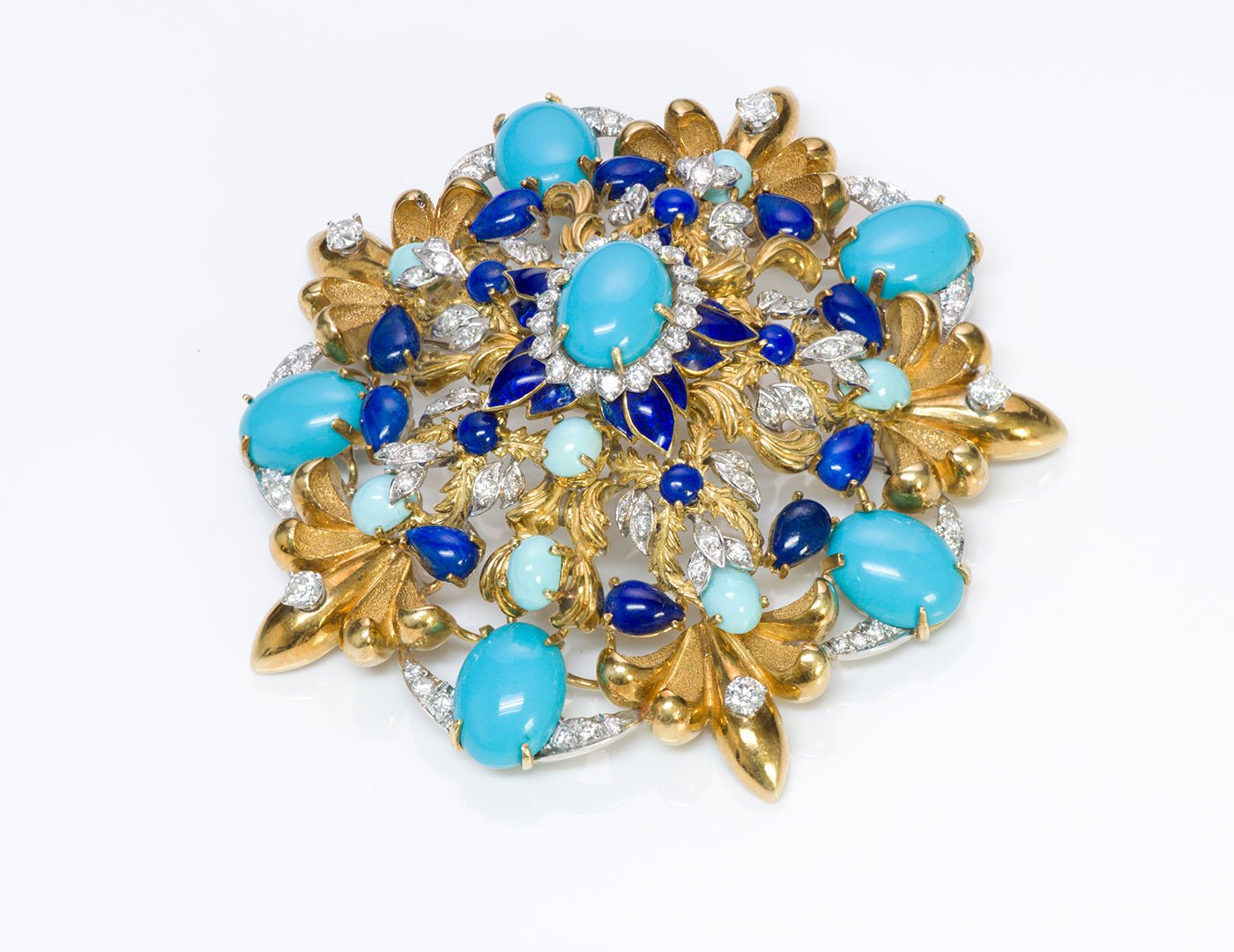 La Triomphe 18K Gold Turquoise Diamond Lapis Enamel Pendant Brooch