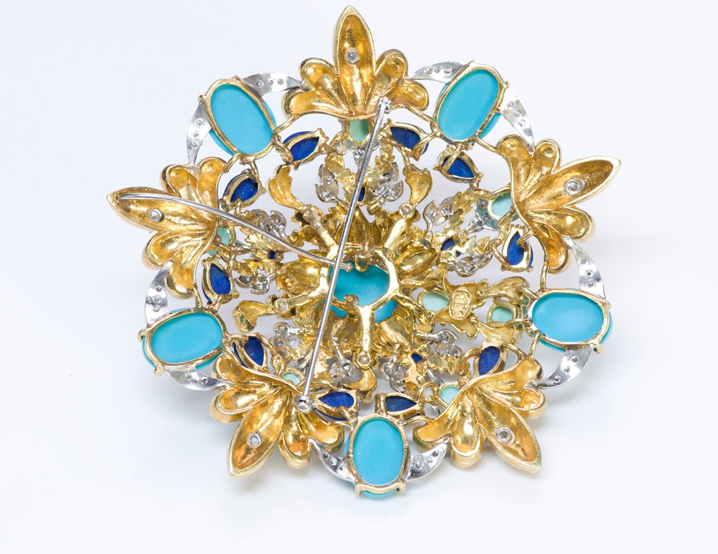 La Triomphe 18K Gold Turquoise Diamond Lapis Enamel Pendant Brooch